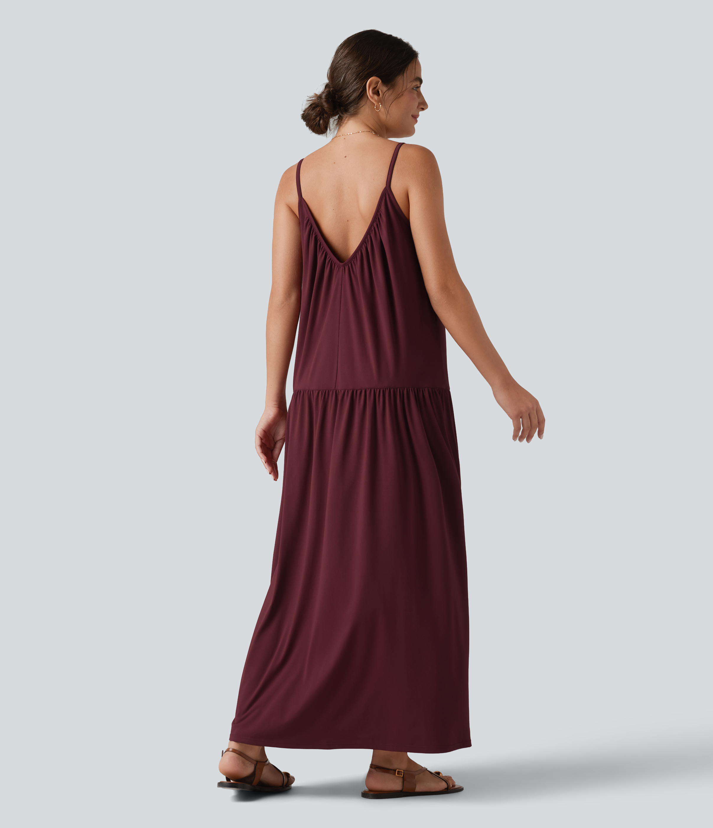 V-Ausschnitt-Maxikleid mit Saumschlitz, fließendes Resort-Slipkleid