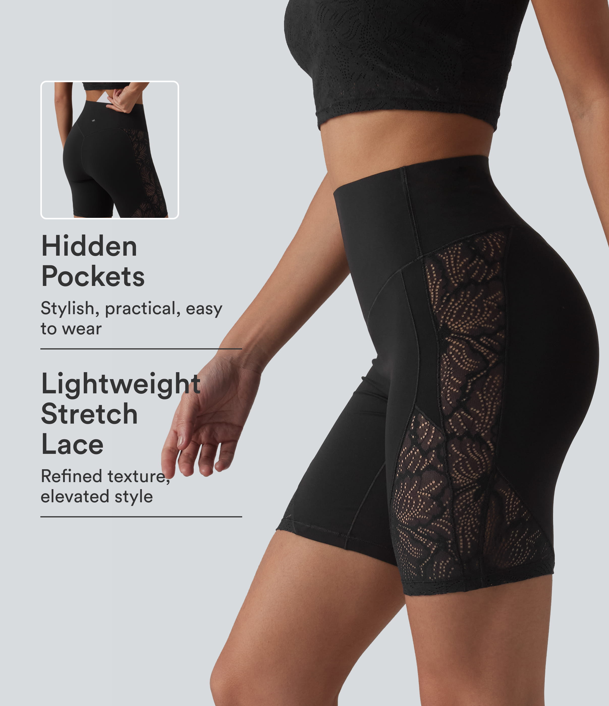 Halara UltraSculpt™ short biker de yoga 7'' à taille haute, contrôle du ventre, dentelle contrastée, avec poche