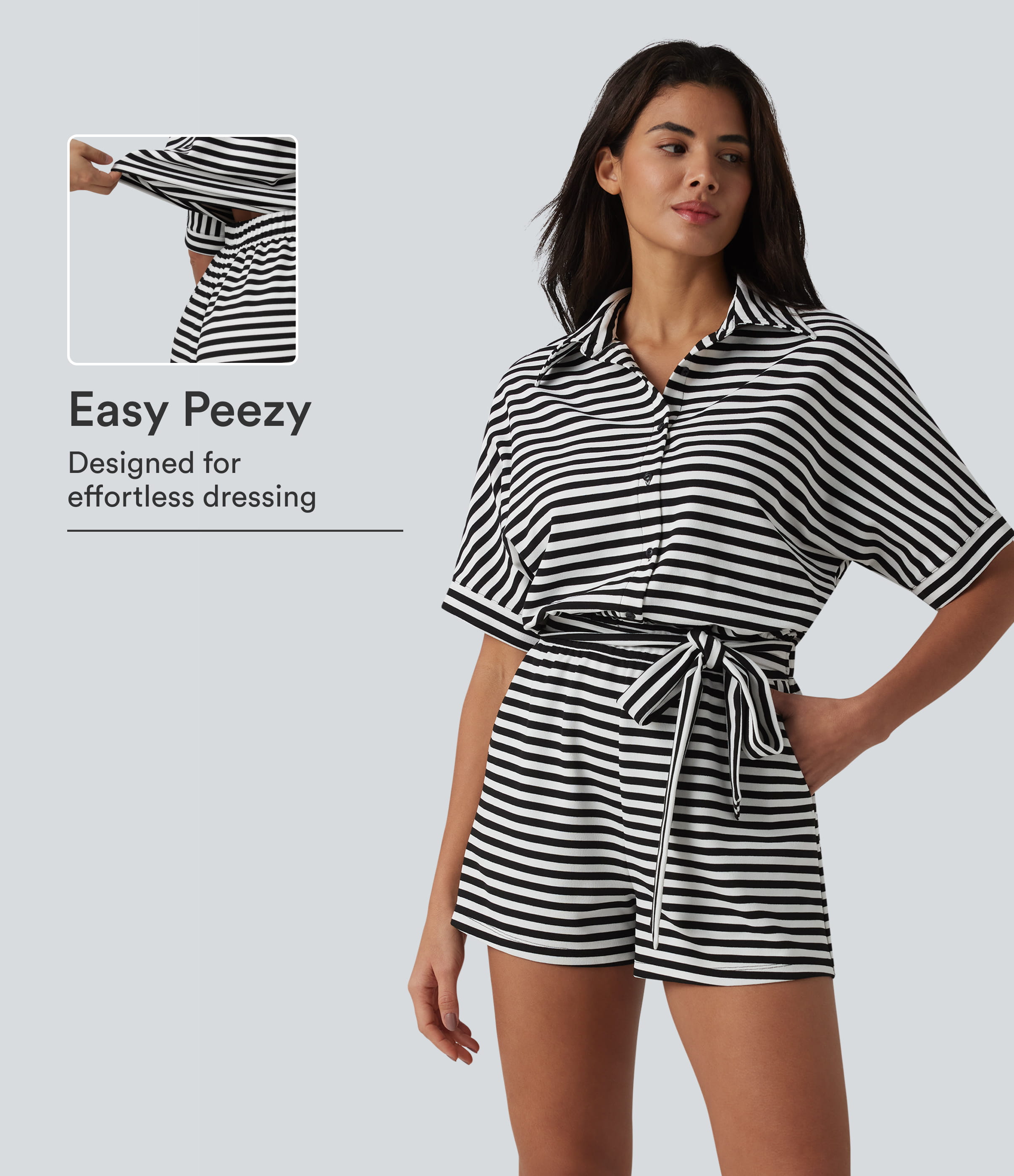 Half Sleeve Belted Stripe Waffle Casual Romper with Pockets-Easy Peezy Edition