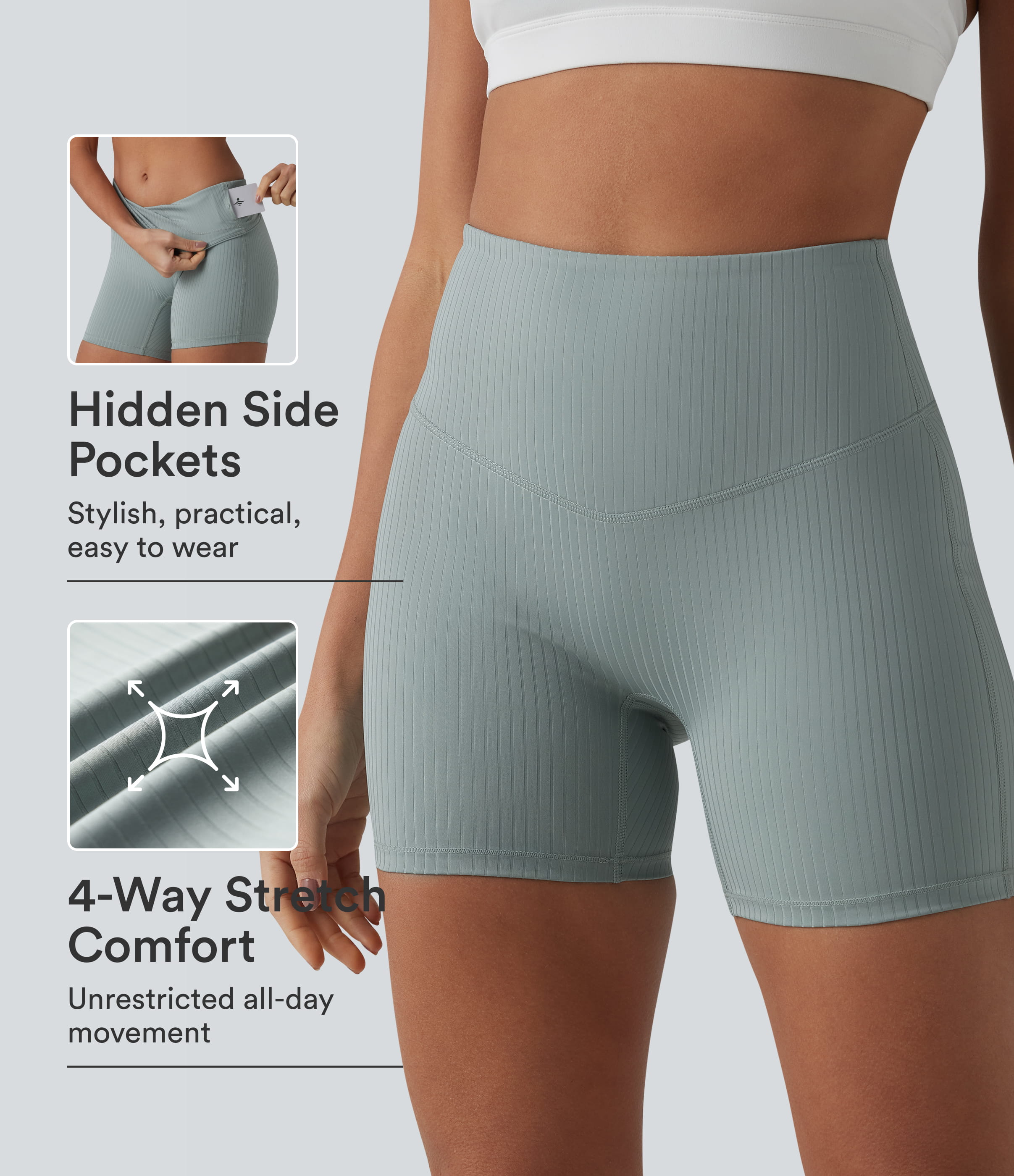 Silver Blue Ribbed Knit High Waisted Yoga Biker Shorts 5'' with Pocket / 1