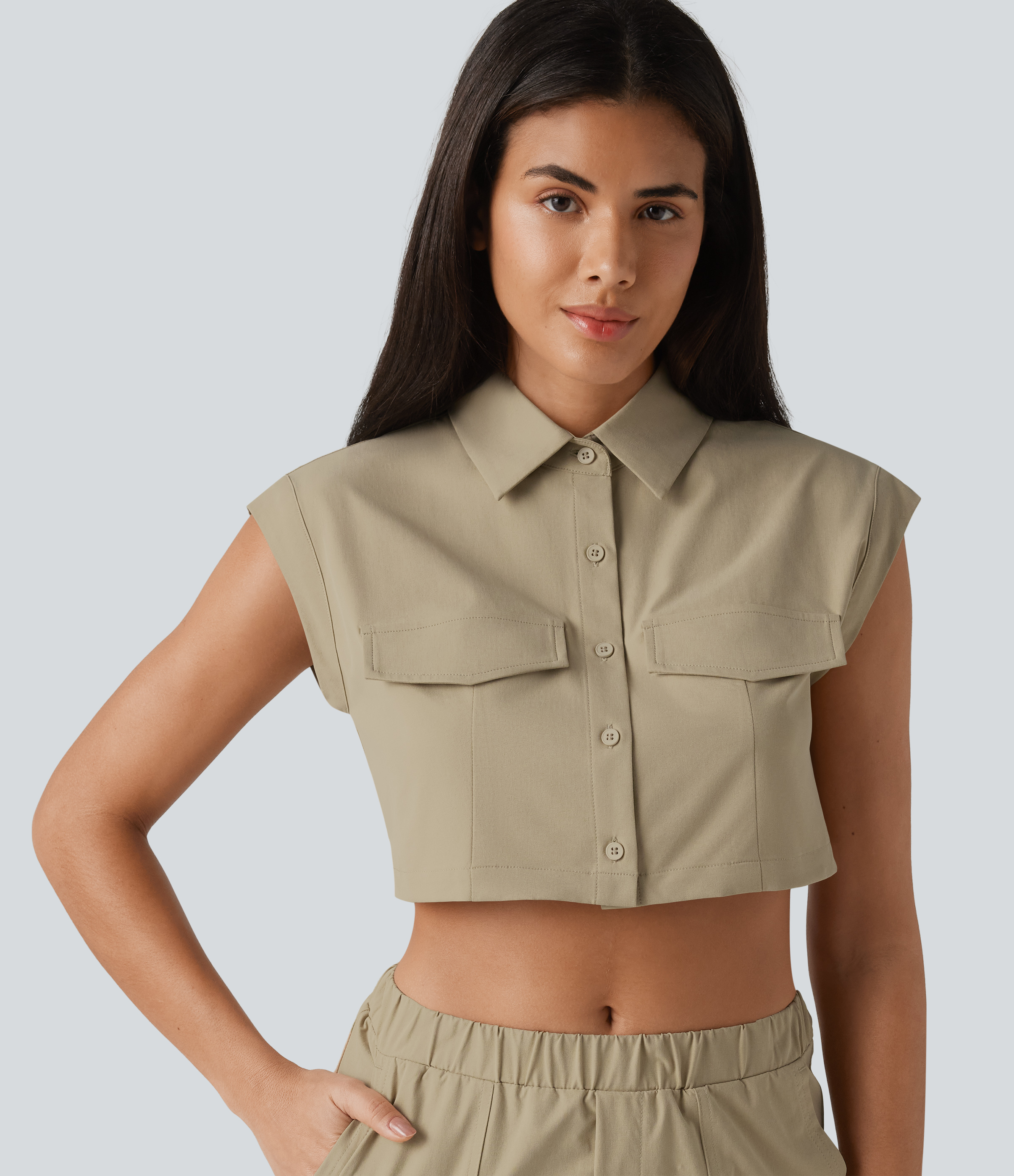 Cap Sleeve Stretchy Poplin Cropped Casual Cargo Shirt