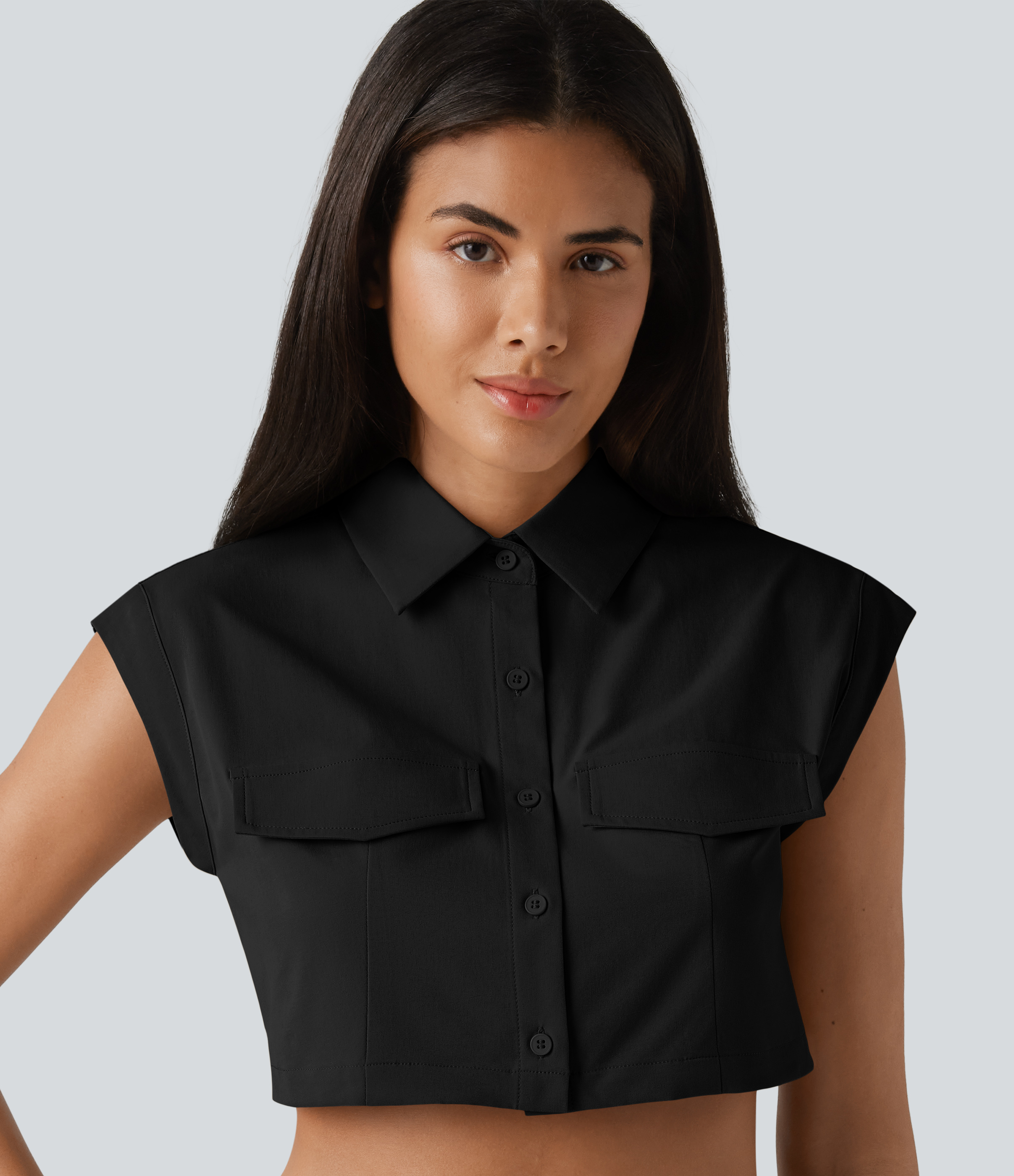 Cap Sleeve Stretchy Poplin Cropped Casual Cargo Shirt