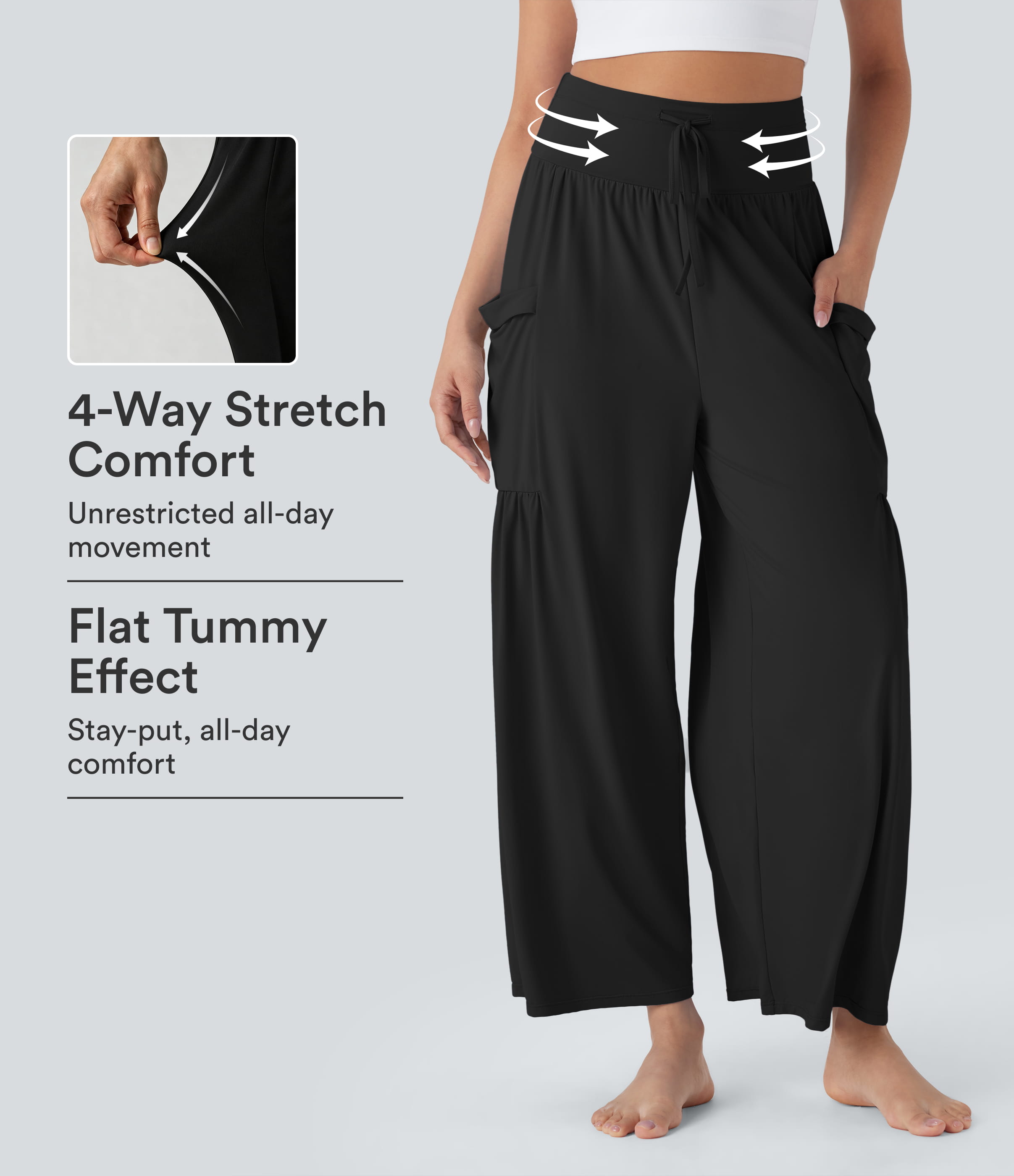 High Waisted Tummy Control Drawstring Wide Leg Cool Touch Yoga Pants with Pockets-UPF50+
