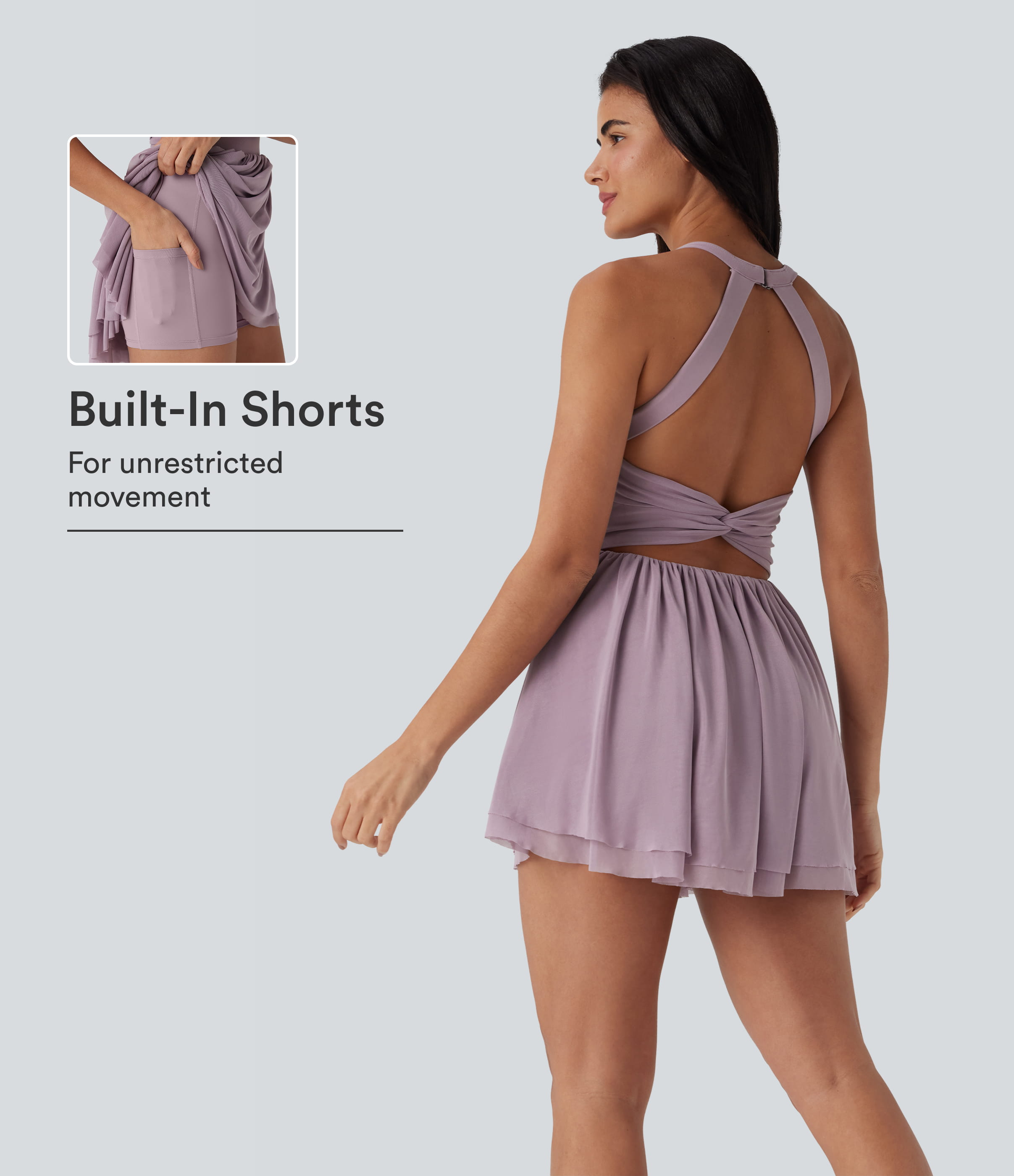 Lilac Blush Mesh 2-in-1 Mini Dance Active Dress with Pocket / 1