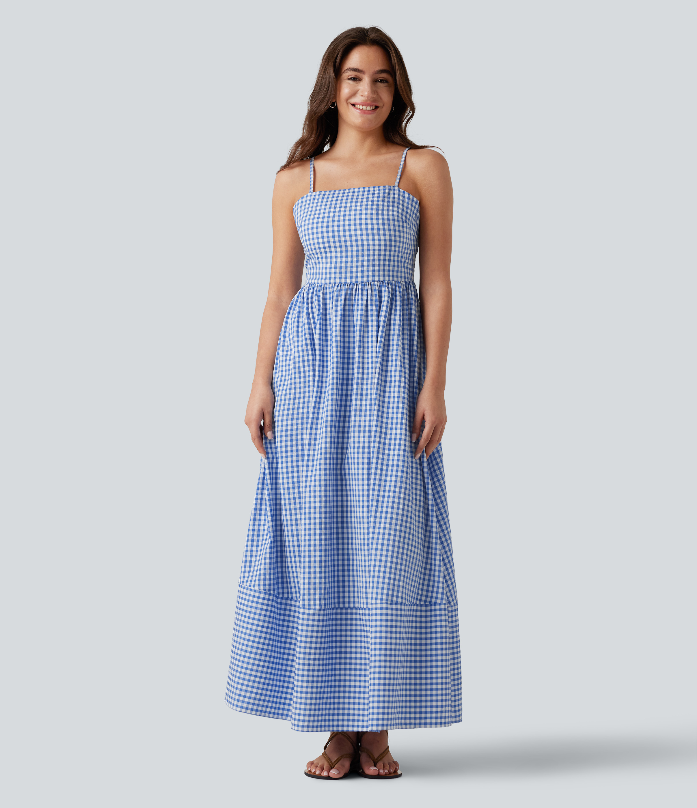 Women's Invisible Zipper Gingham Flowy Maxi Casual Slip Dress with