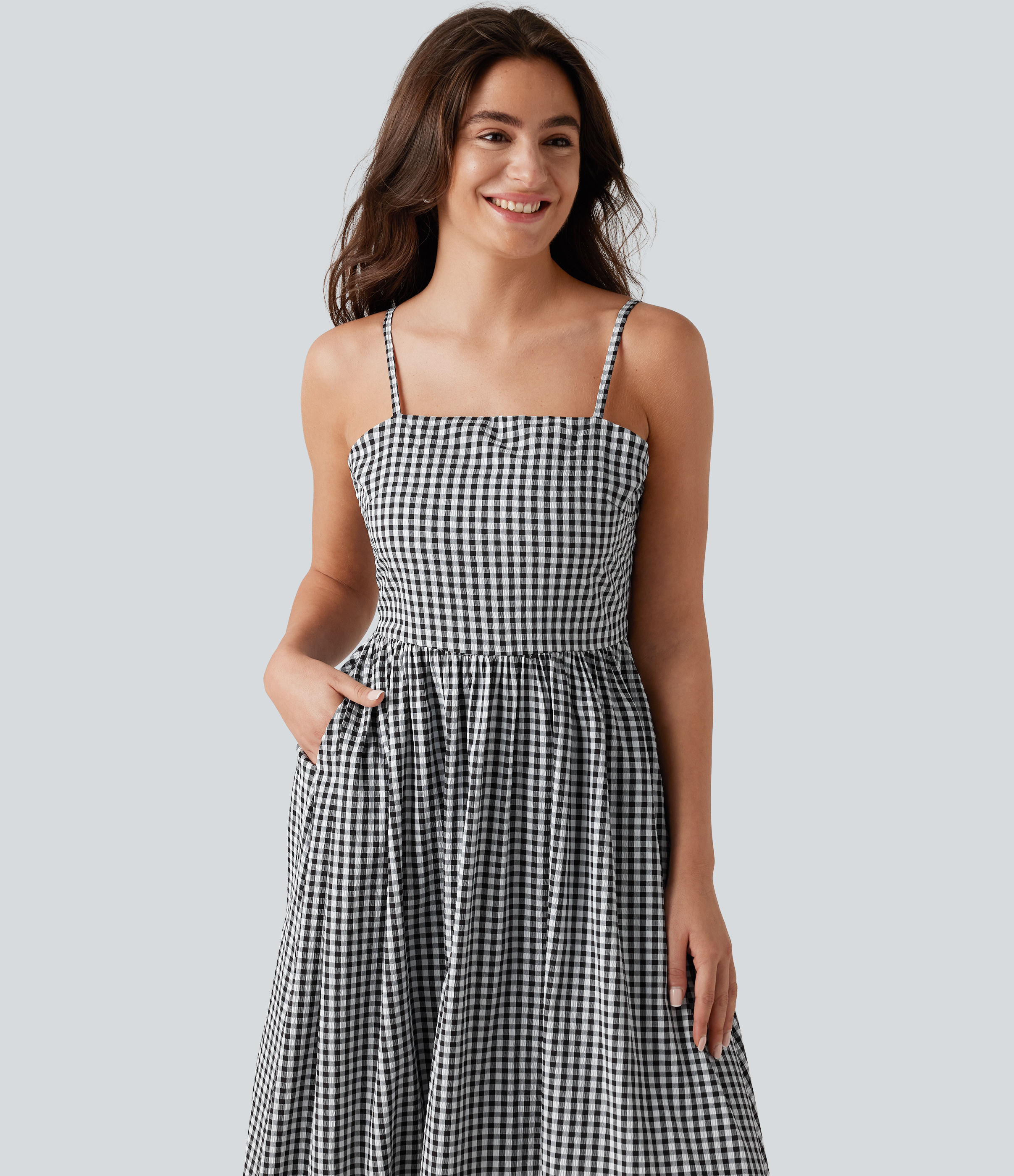 Women's Invisible Zipper Gingham Flowy Maxi Casual Slip Dress with