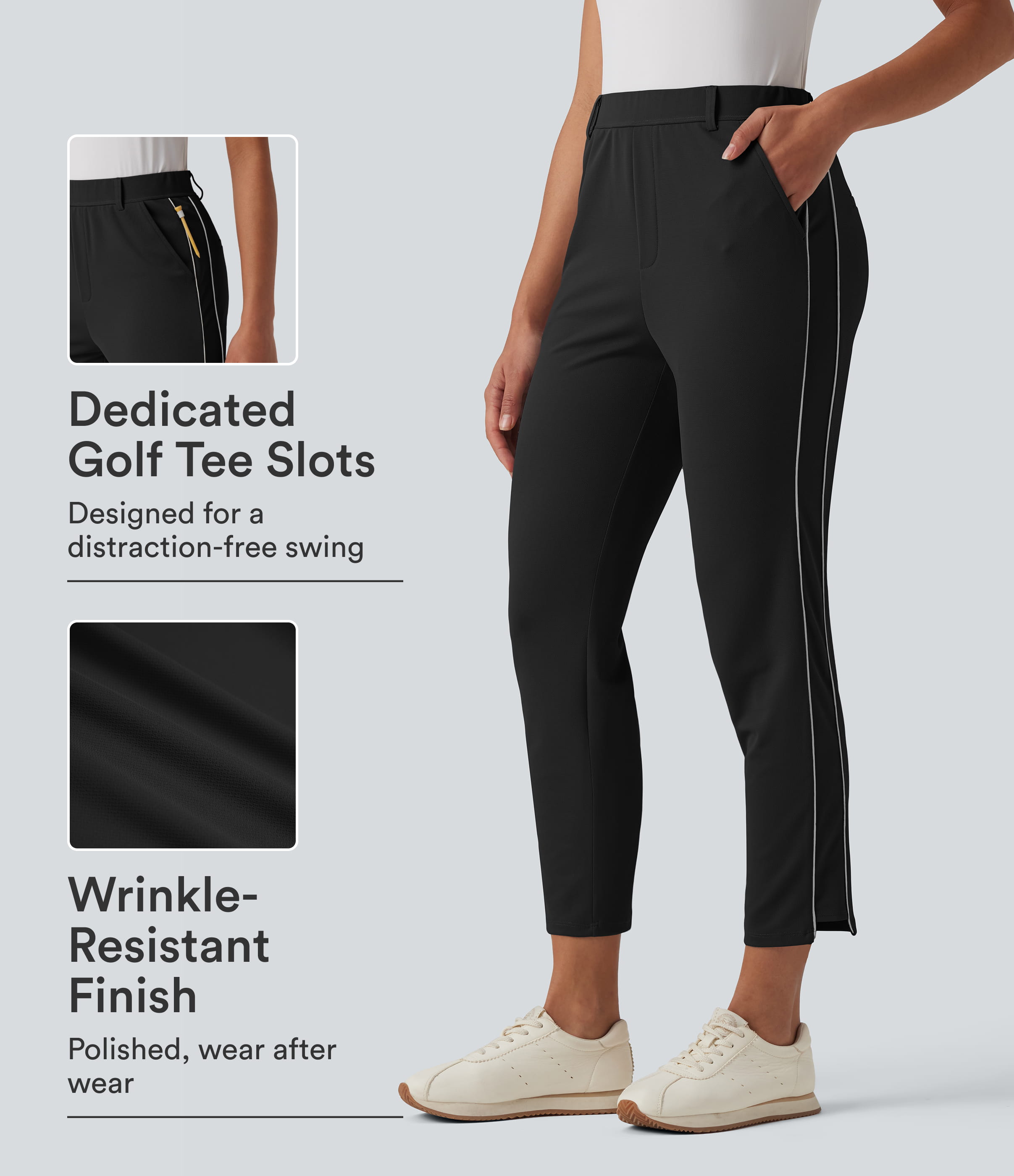 High Waisted Reflective Crepe Golf Tapered Pants-Golf Tee Pocket