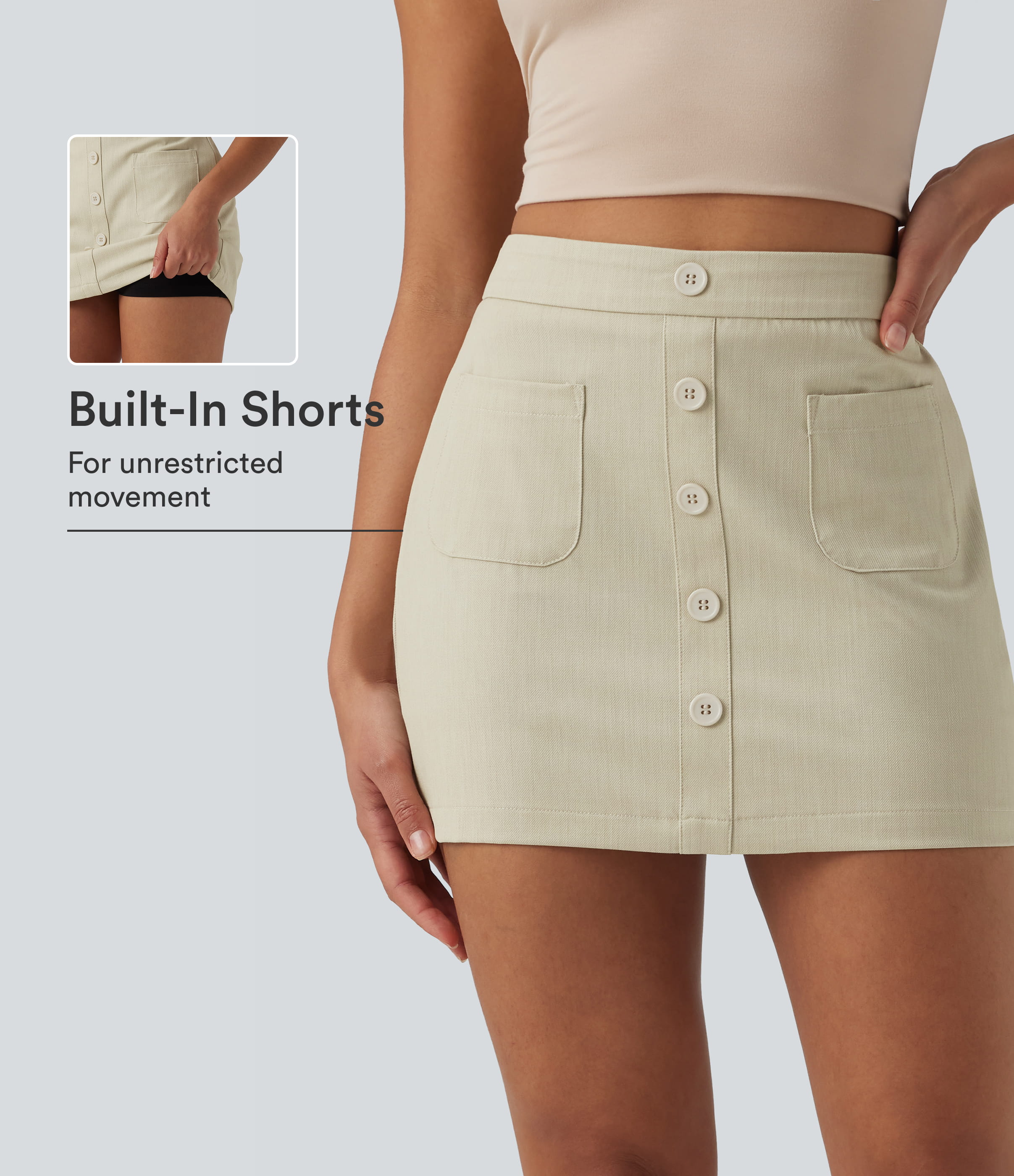 High Waisted Invisible Zipper 2-in-1 Denim Like Bodycon Mini Casual Skirt with Pockets
