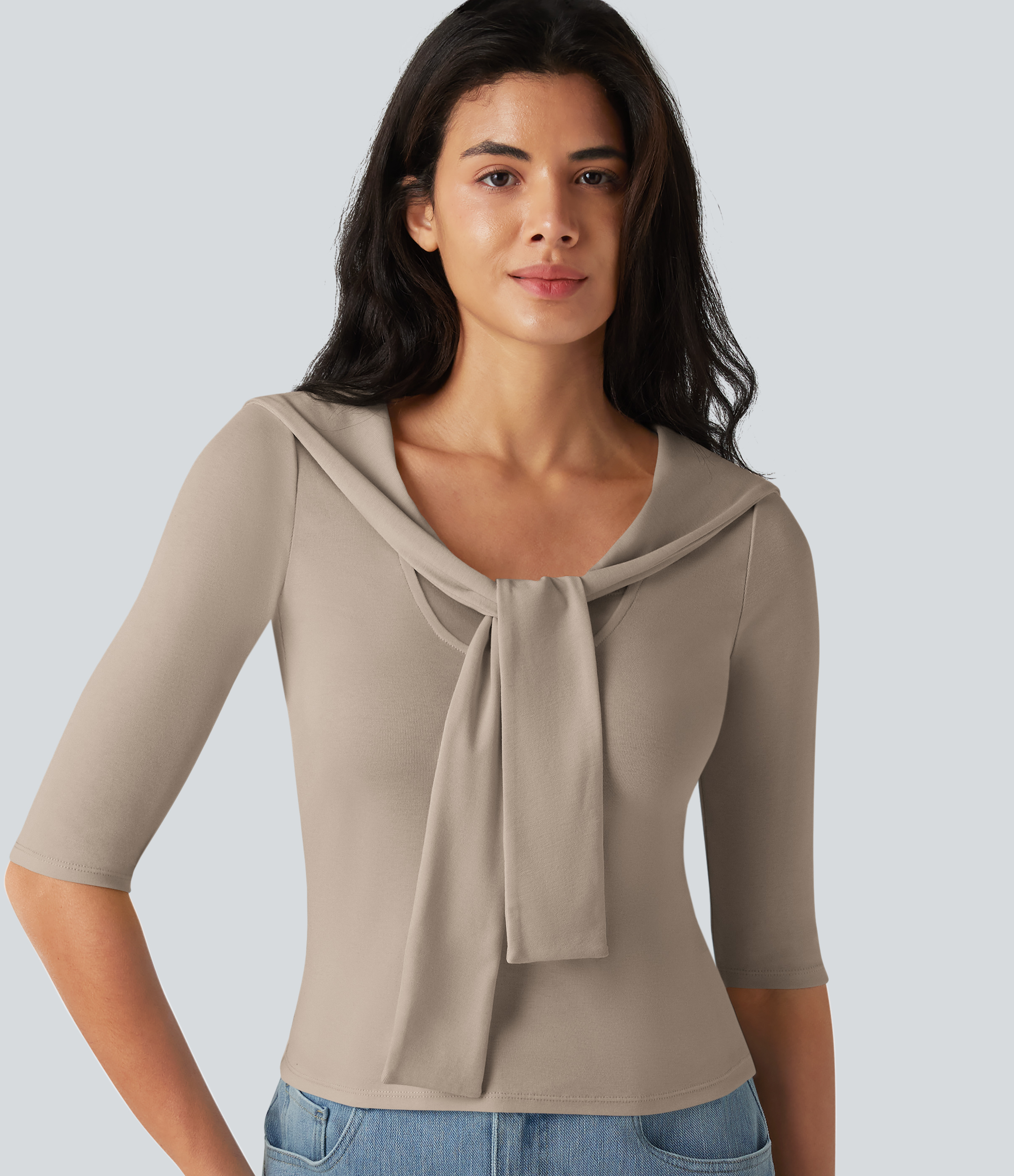 V-neck Tie Half Sleeve 2-in-1 Lyocell Casual Top