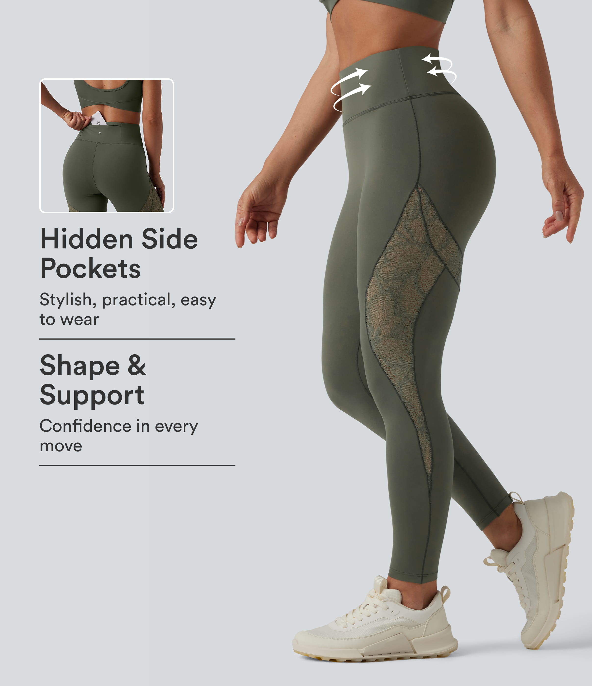 SoftlyZero™ High Waisted Contrast Lace Workout Leggings with Pocket-UPF50+