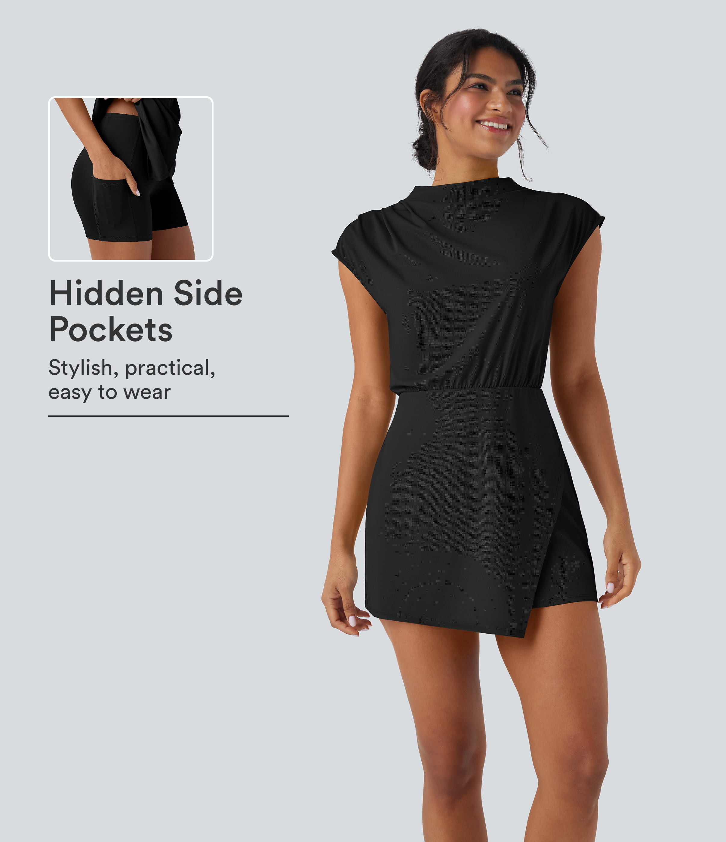 Stand Collar Cap Sleeve Quick Dry 2-Piece Mini Work Dress with Pocket-UPF40+