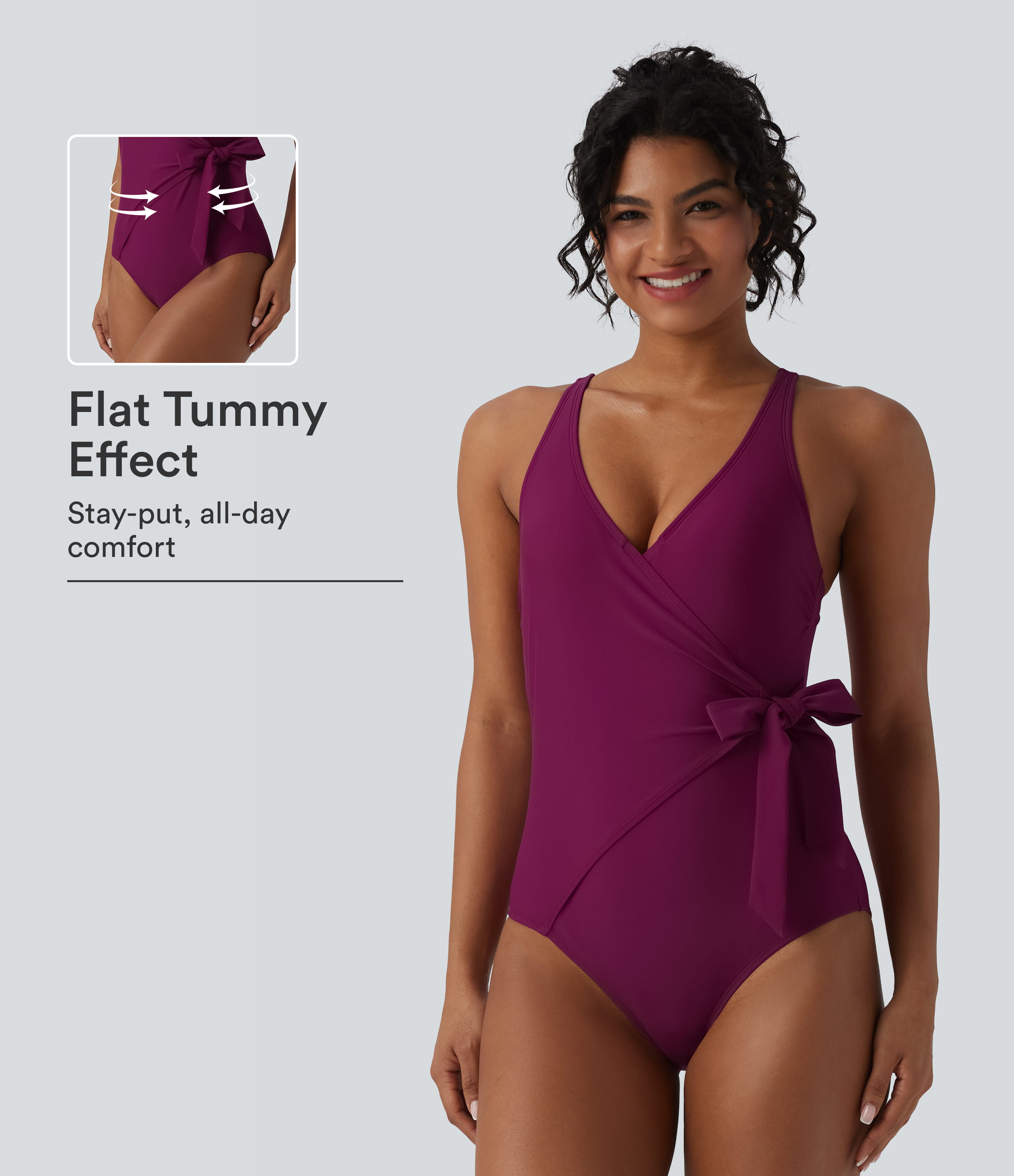 V Neck Tie Side Built-in Bra Tummy Control One Piece Swimsuit