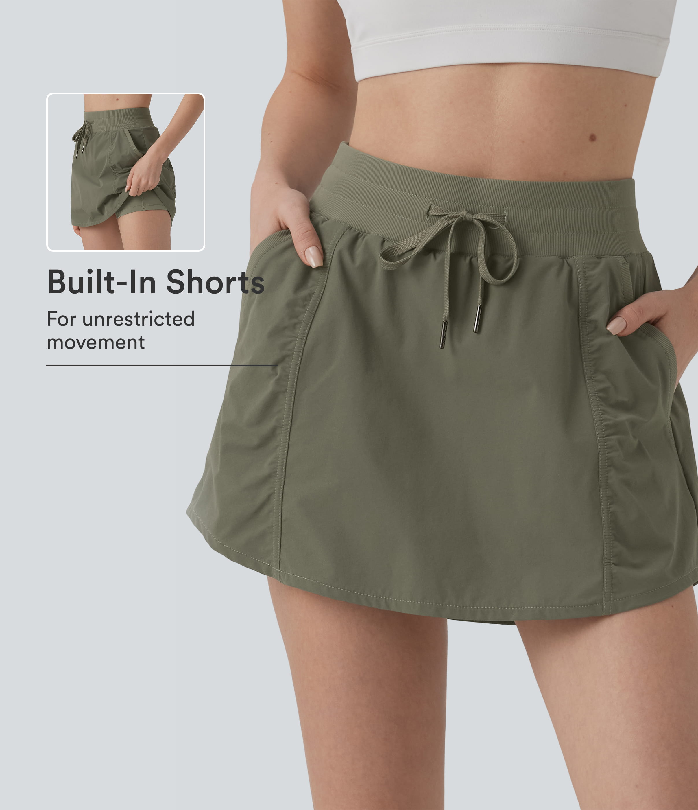 High Waisted Drawstring Mini 2-in-1 Workout A-line Skirt with Pockets