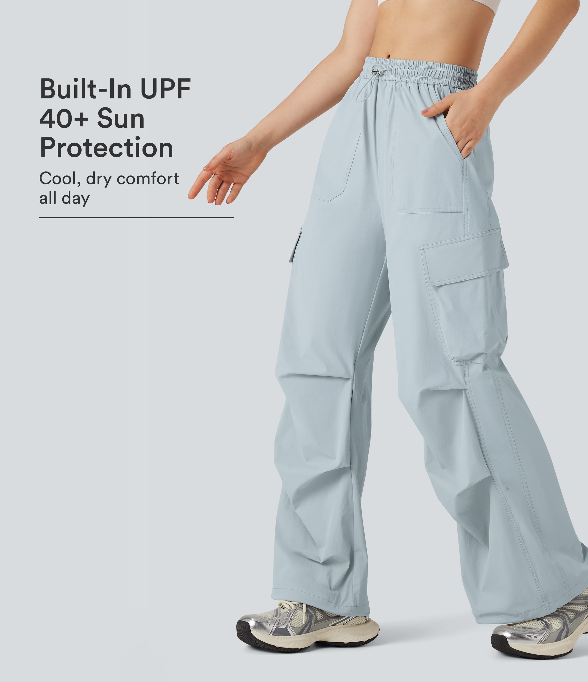 Mid Rise Drawstring Hiking Straight Leg Cargo Pants with Pockets-UPF40+