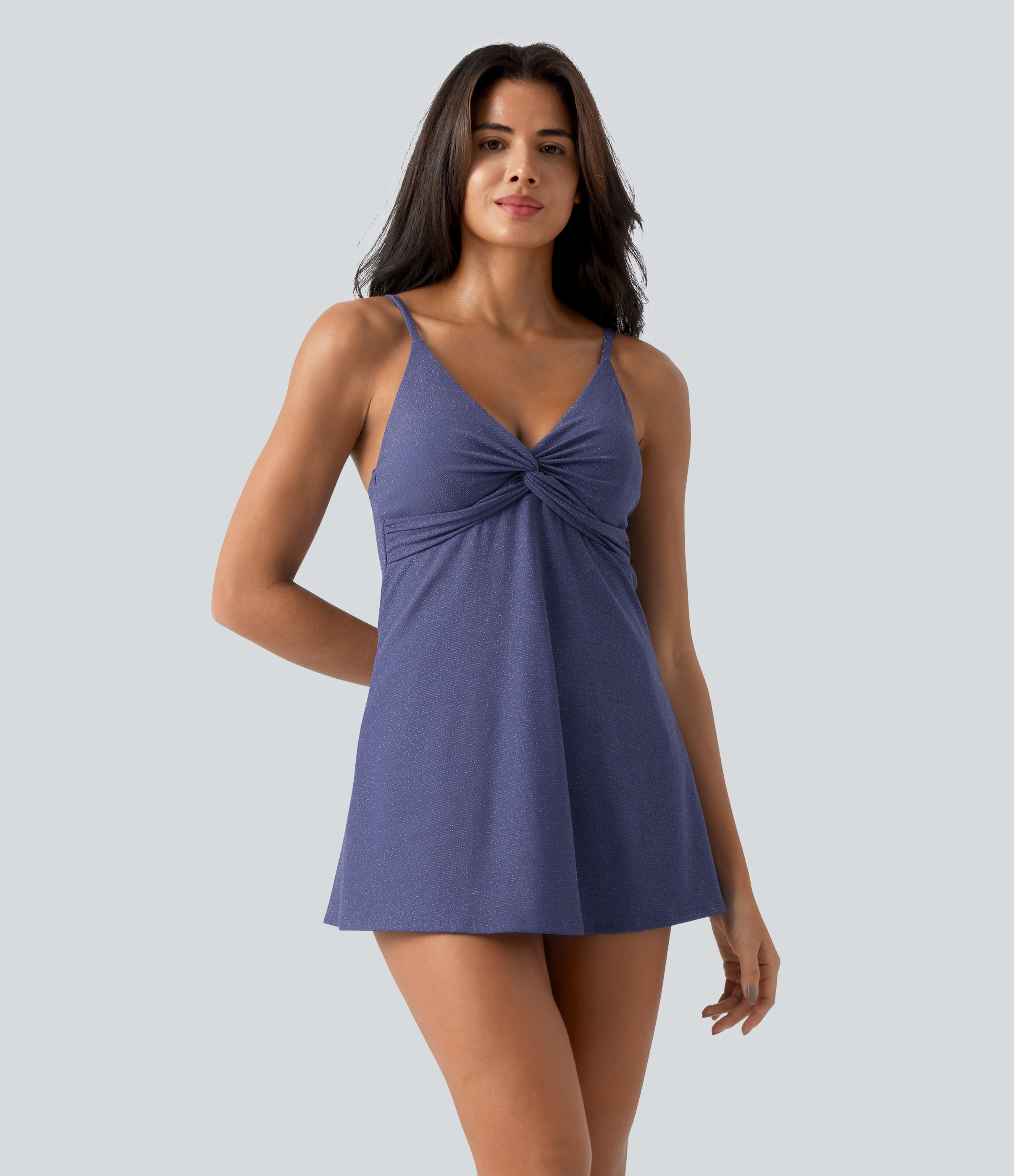 V Neck Built-in Bra Tummy Control One-Piece Metallic Swimsuit with Pockets