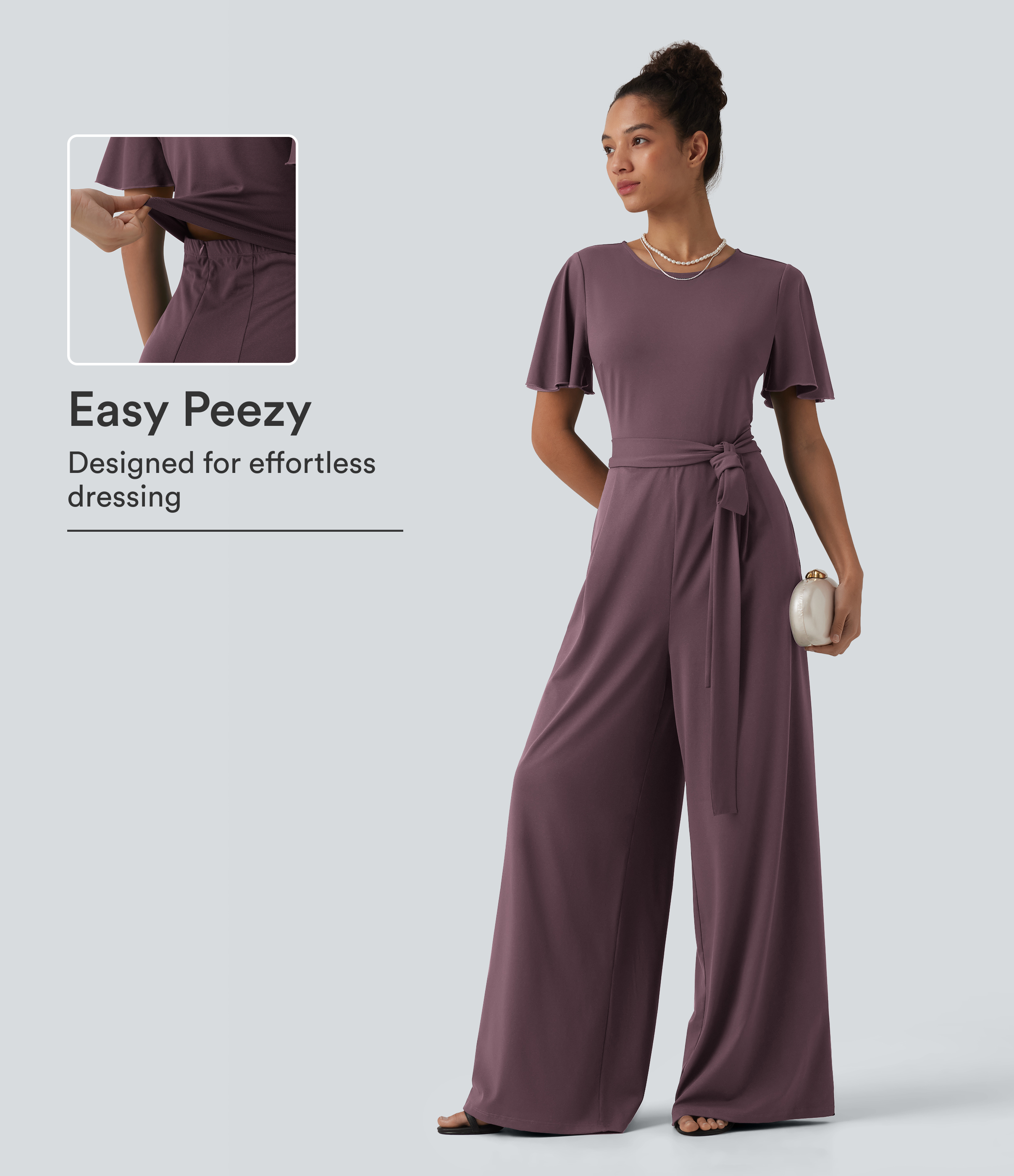 Round Neck Short Sleeve Tie Front Wide Leg Jumpsuit with Pockets-Easy Peezy Edition
