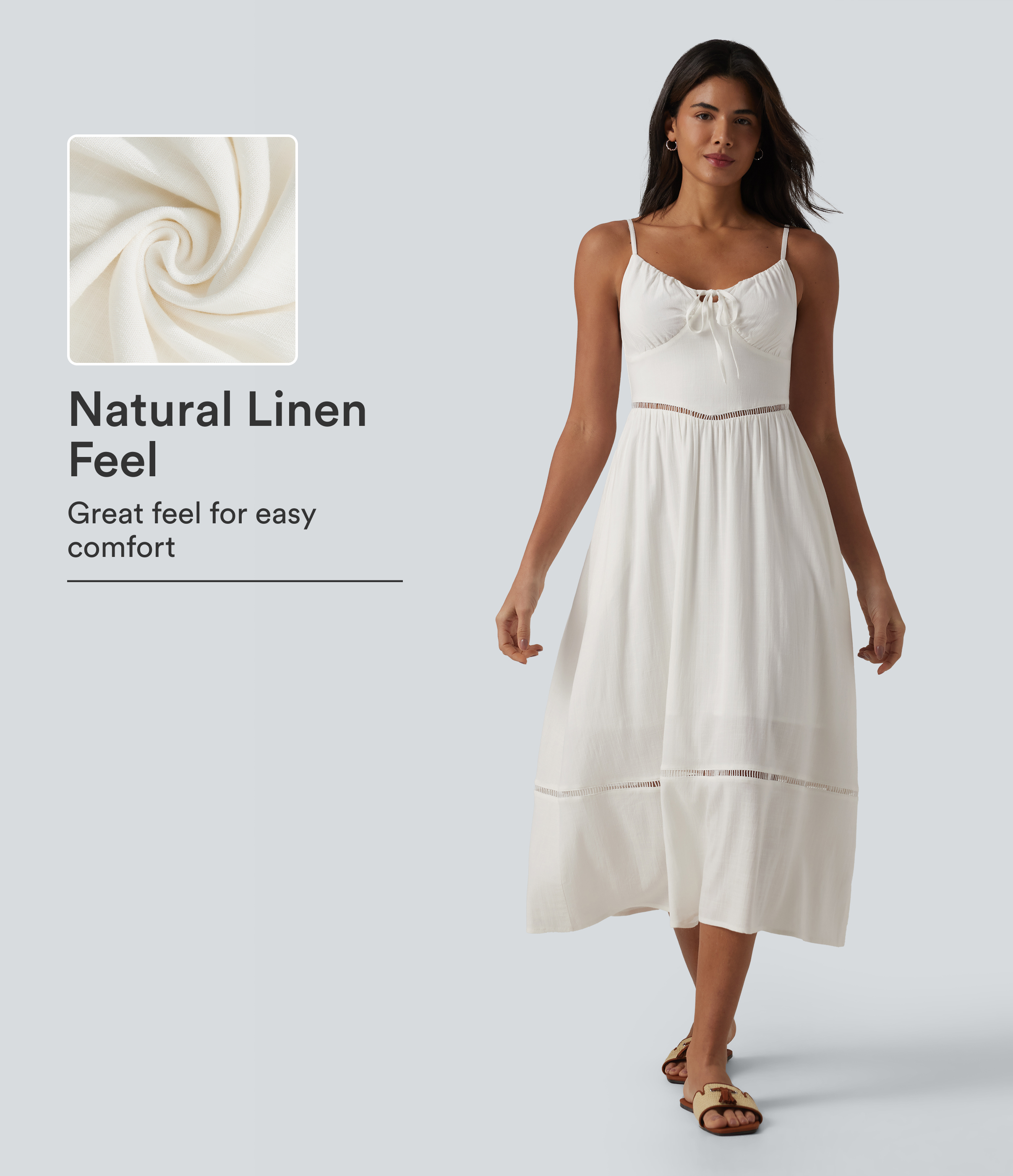 Tie Front Cut Out Midi Linen-Feel Slip Dress with Pockets