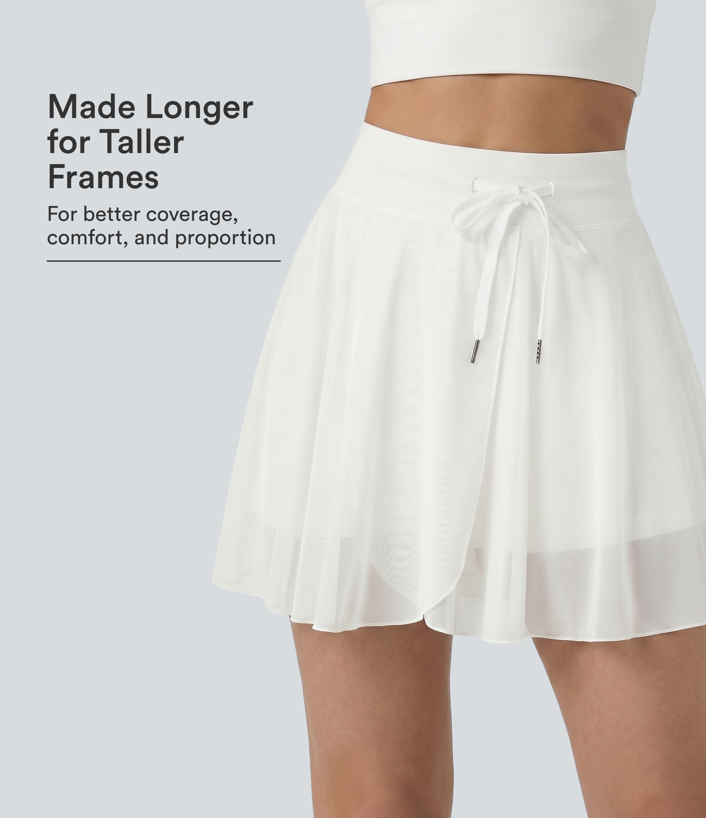 High Waisted Drawstring Contrast Mesh 2-in-1 Pocket Flowy Mini Flare Casual Skirt-Longer Length