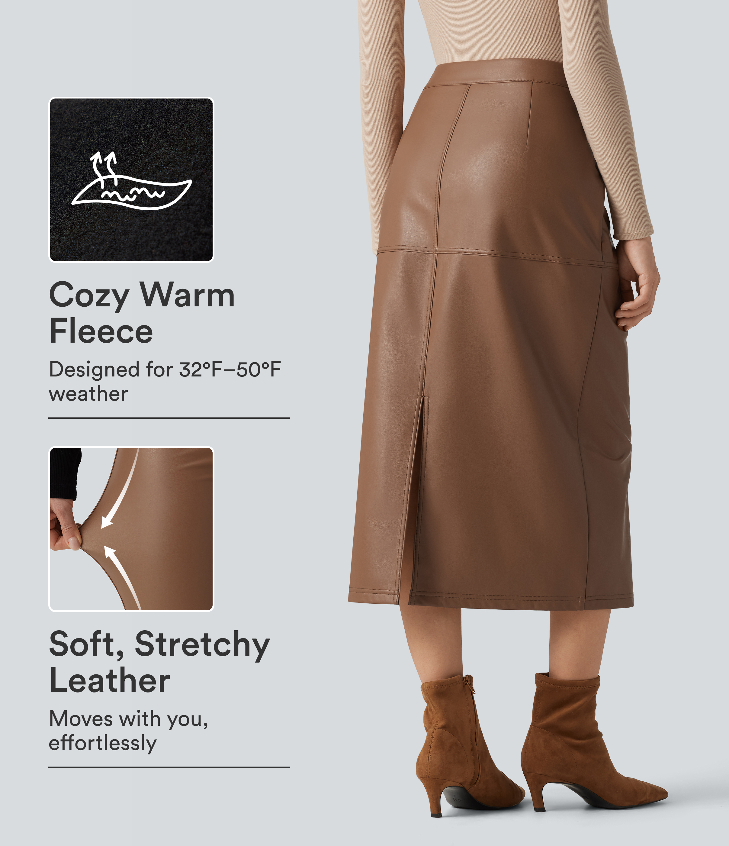 High Waisted Invisible Zipper Split Stretchy PU Fleece Midi Work Pencil Skirt
