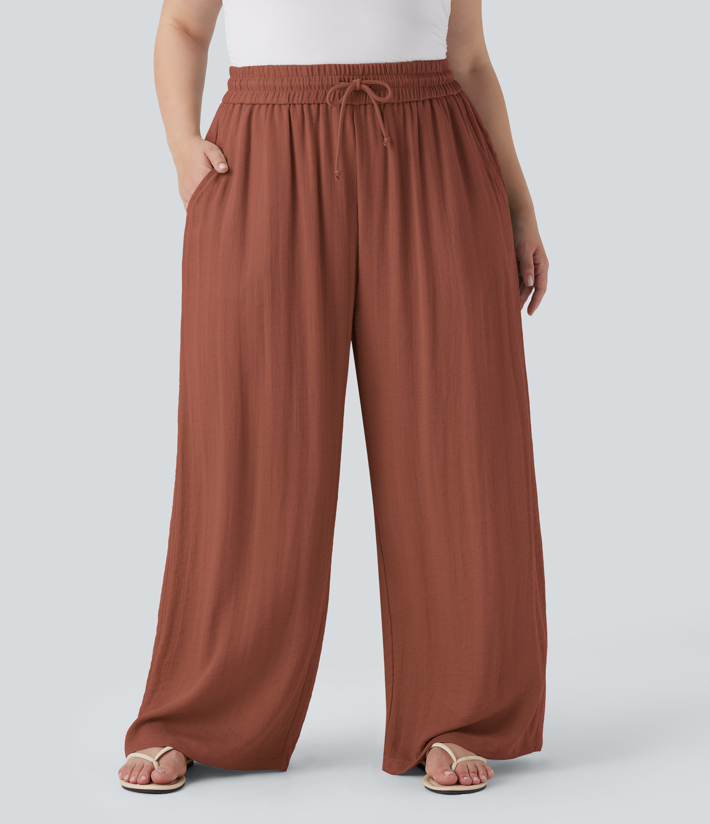 High Waisted Drawstring Linen-Feel Wide Leg Casual Plus Size Pants with Pockets