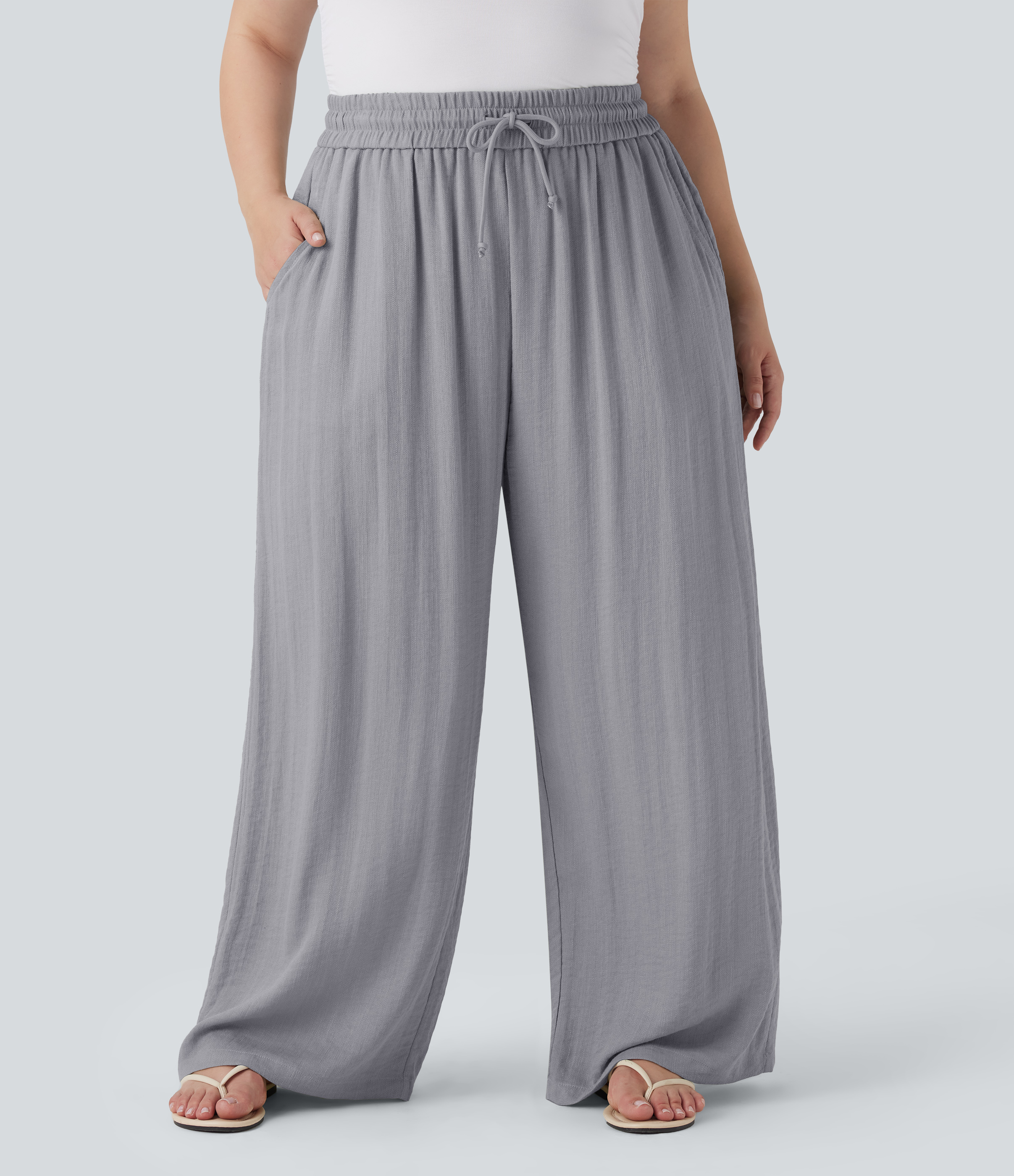 High Waisted Drawstring Linen-Feel Wide Leg Casual Plus Size Pants with Pockets