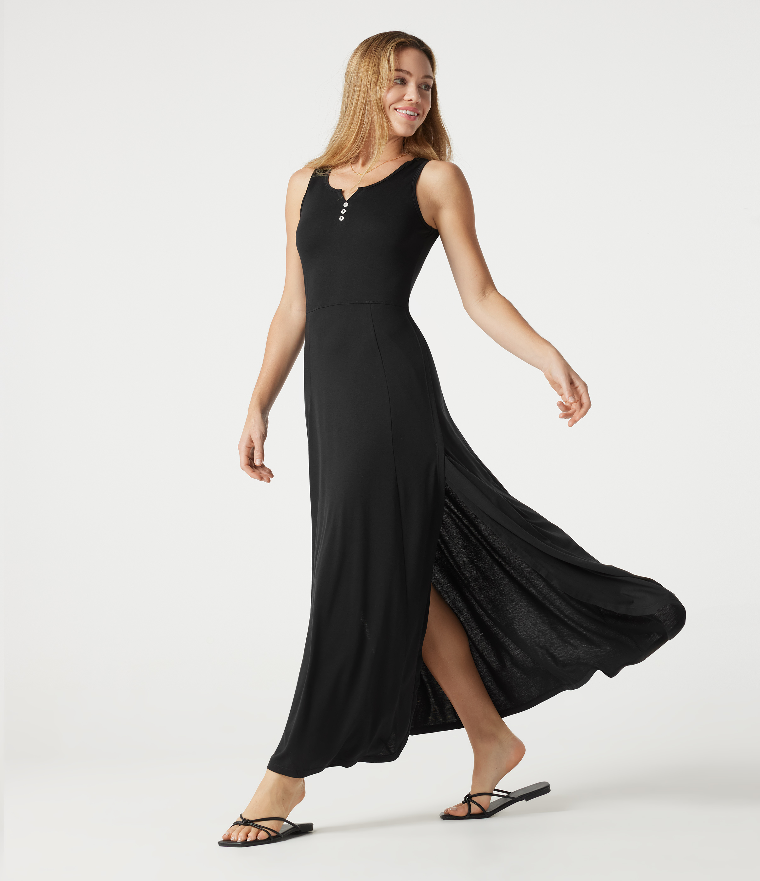 Ärmelloses, fließendes Maxikleid mit Schlitz und Kerbe