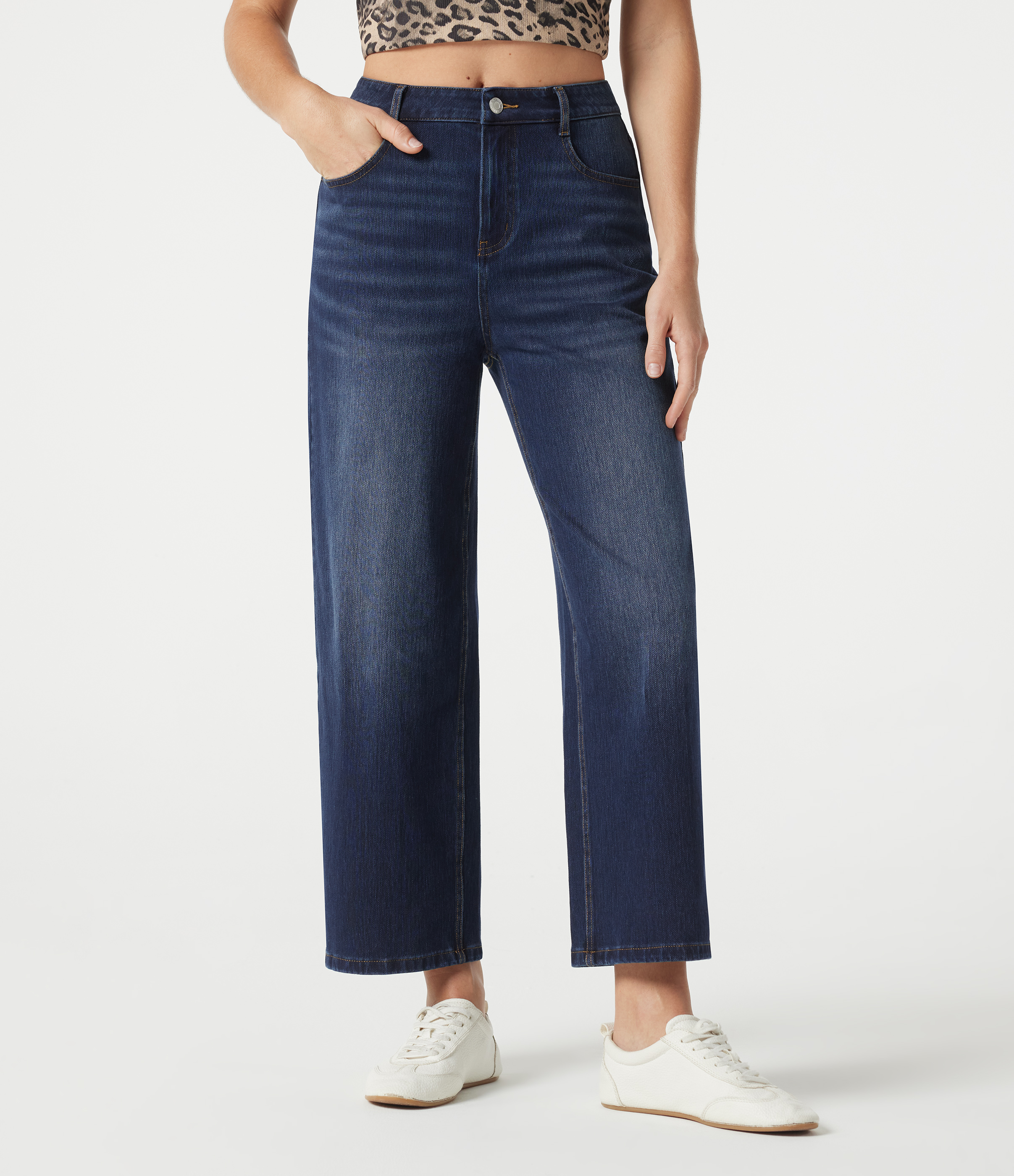 Pageant Blue Denim Halara Flex™ Mid Rise 7/8 Wide Leg Casual Jeans with Pockets / 1