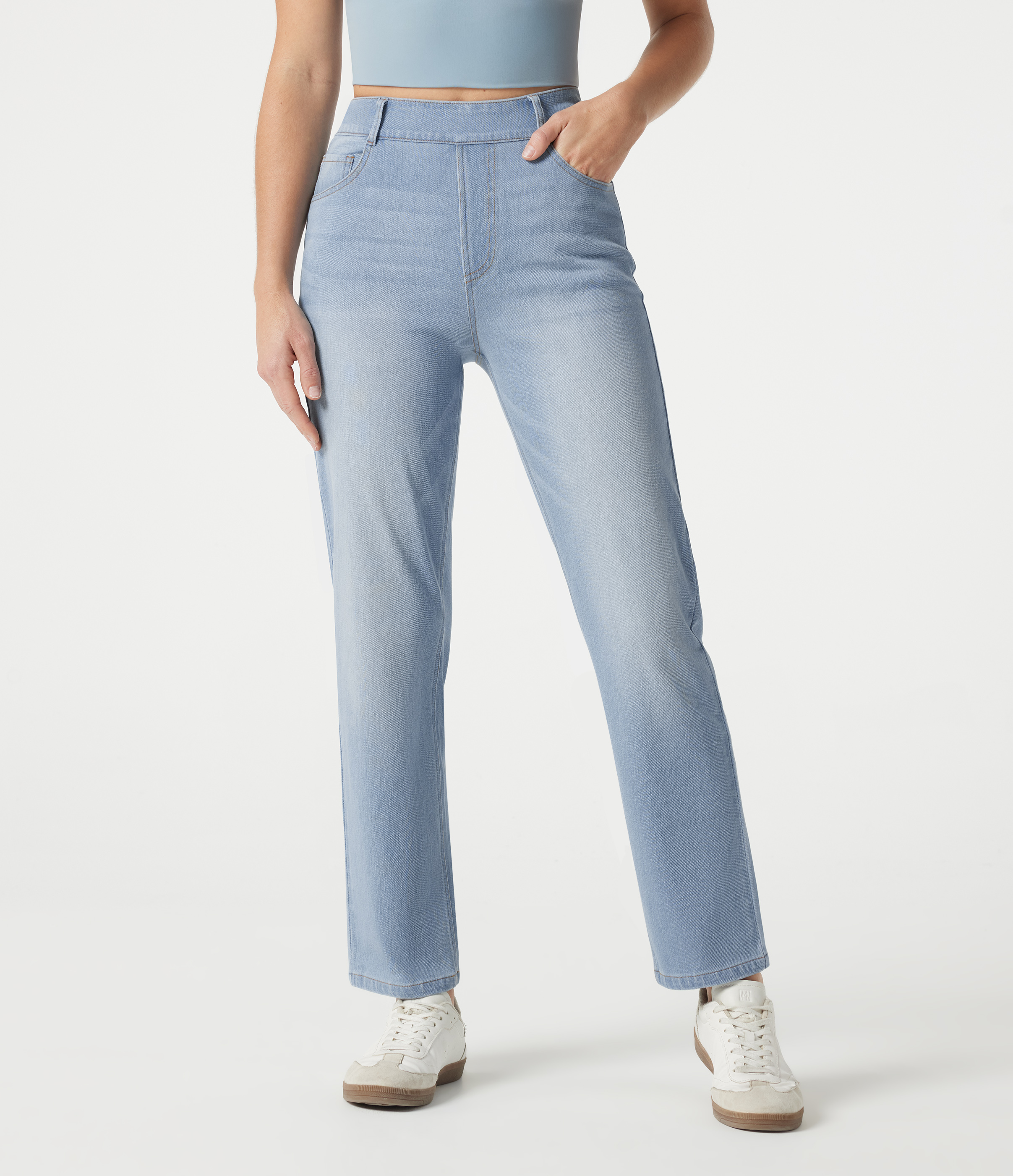 Light Blue – Glacier Light Blue Halara Flex™ High Waisted Lightweight Pockets Straight Leg Washed Casual Jeans / 2