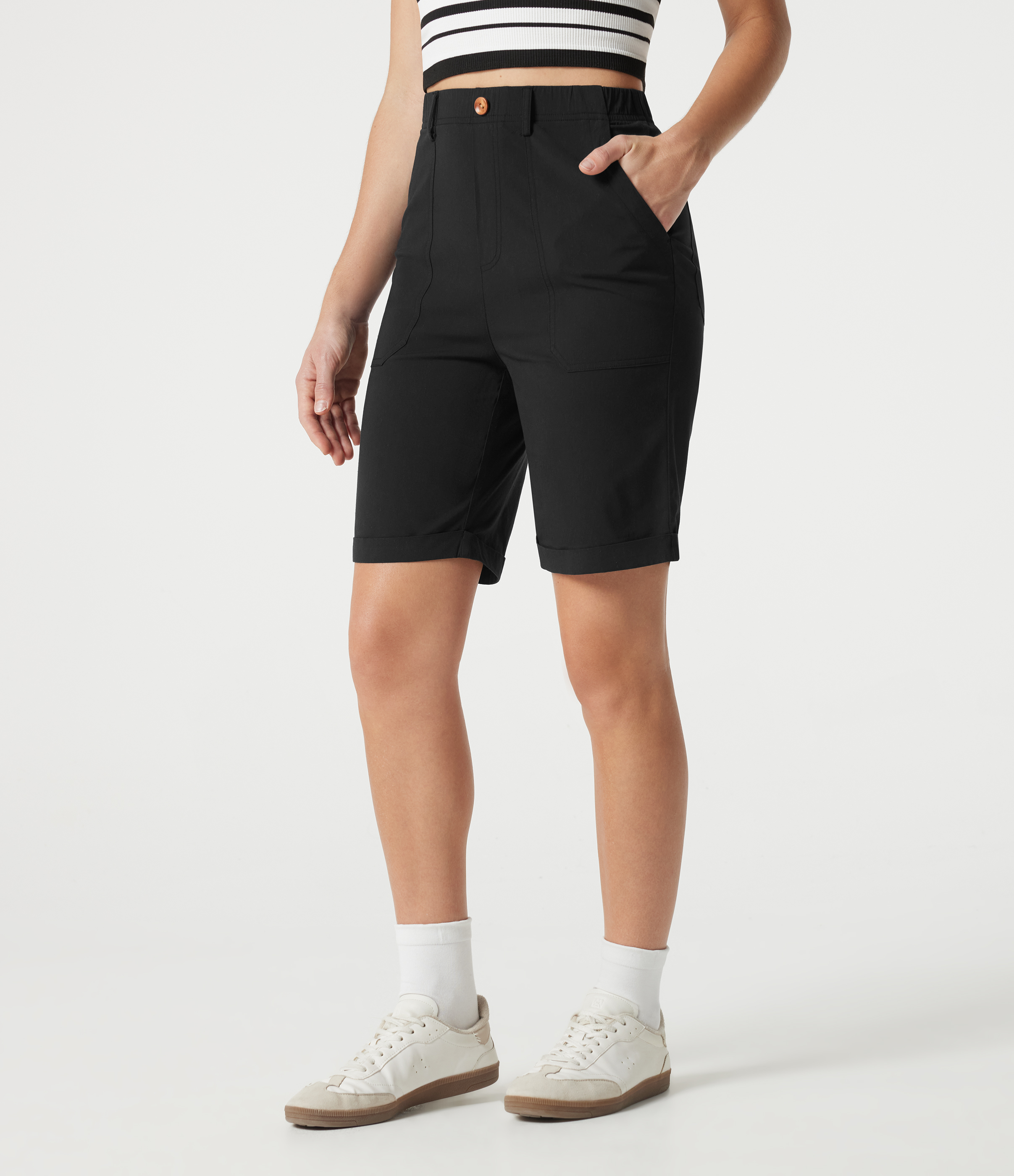High-waisted Rolled Hem Casual Stretch Linen Bermuda Shorts with Pockets
