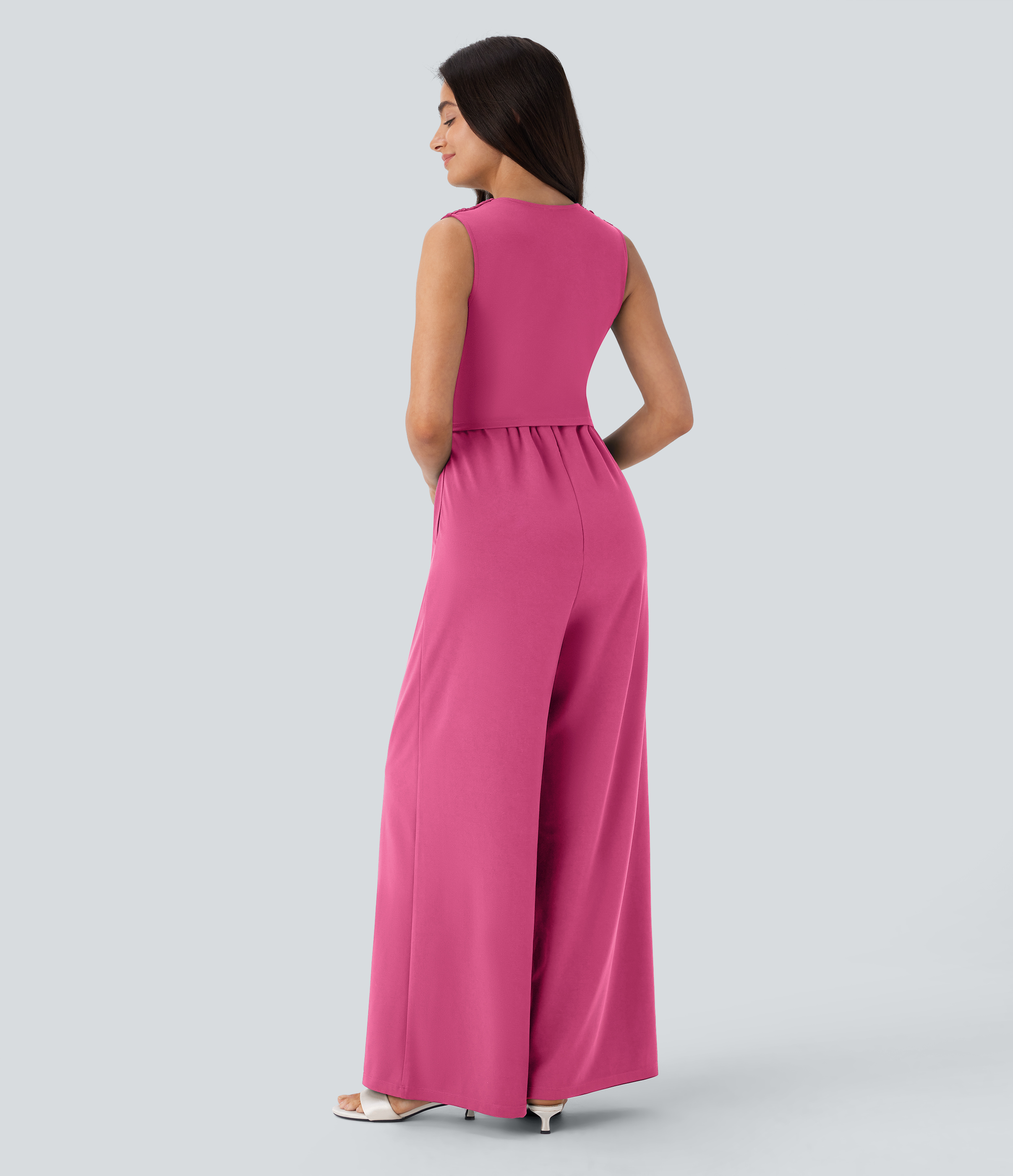 Fandango Pink V Neck Sleeveless Ruched Pocket Jumpsuit-Easy Peezy / 2