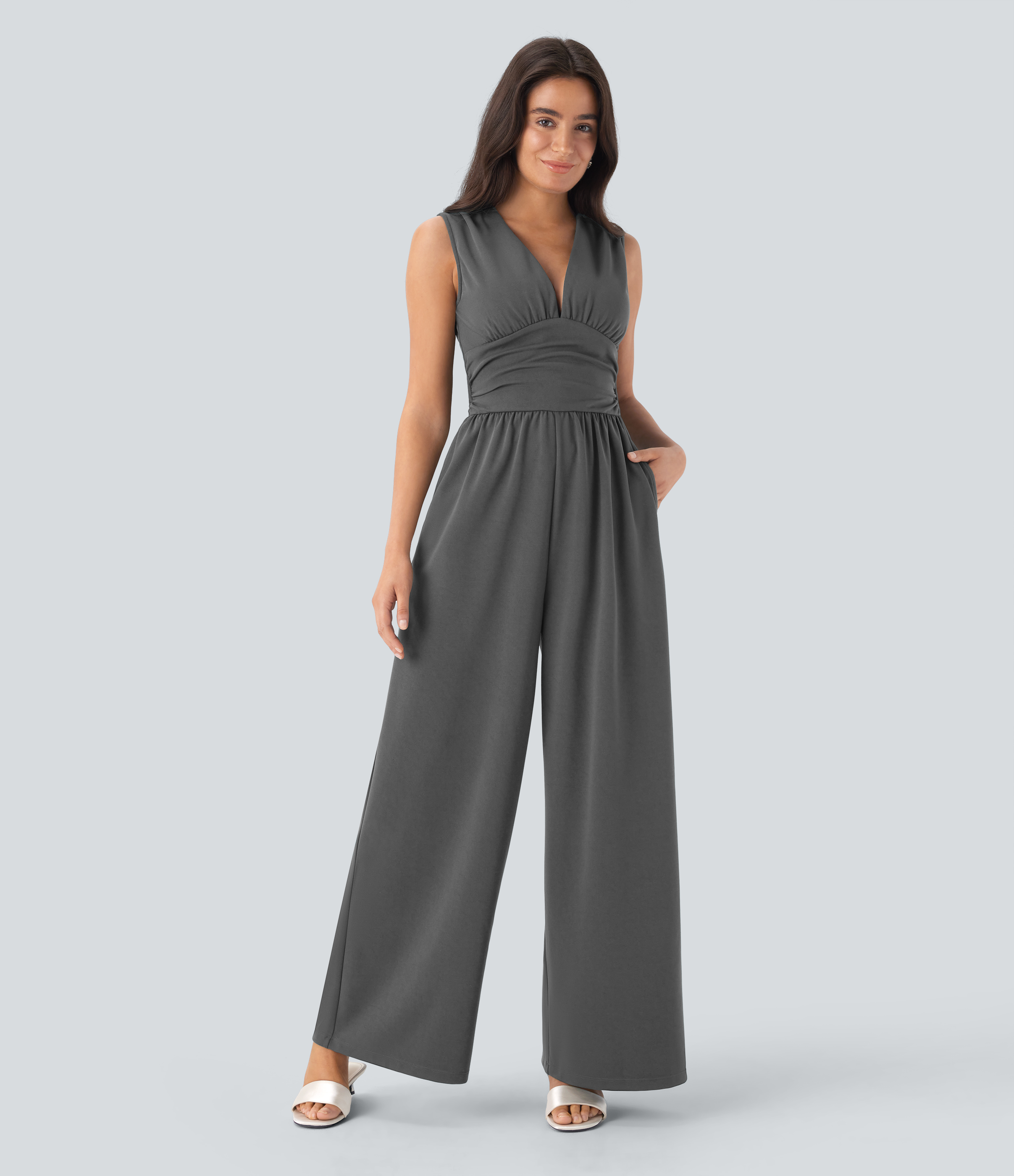 Women's V Neck Sleeveless Ruched Pocket Jumpsuit-Easy Peezy - Halara