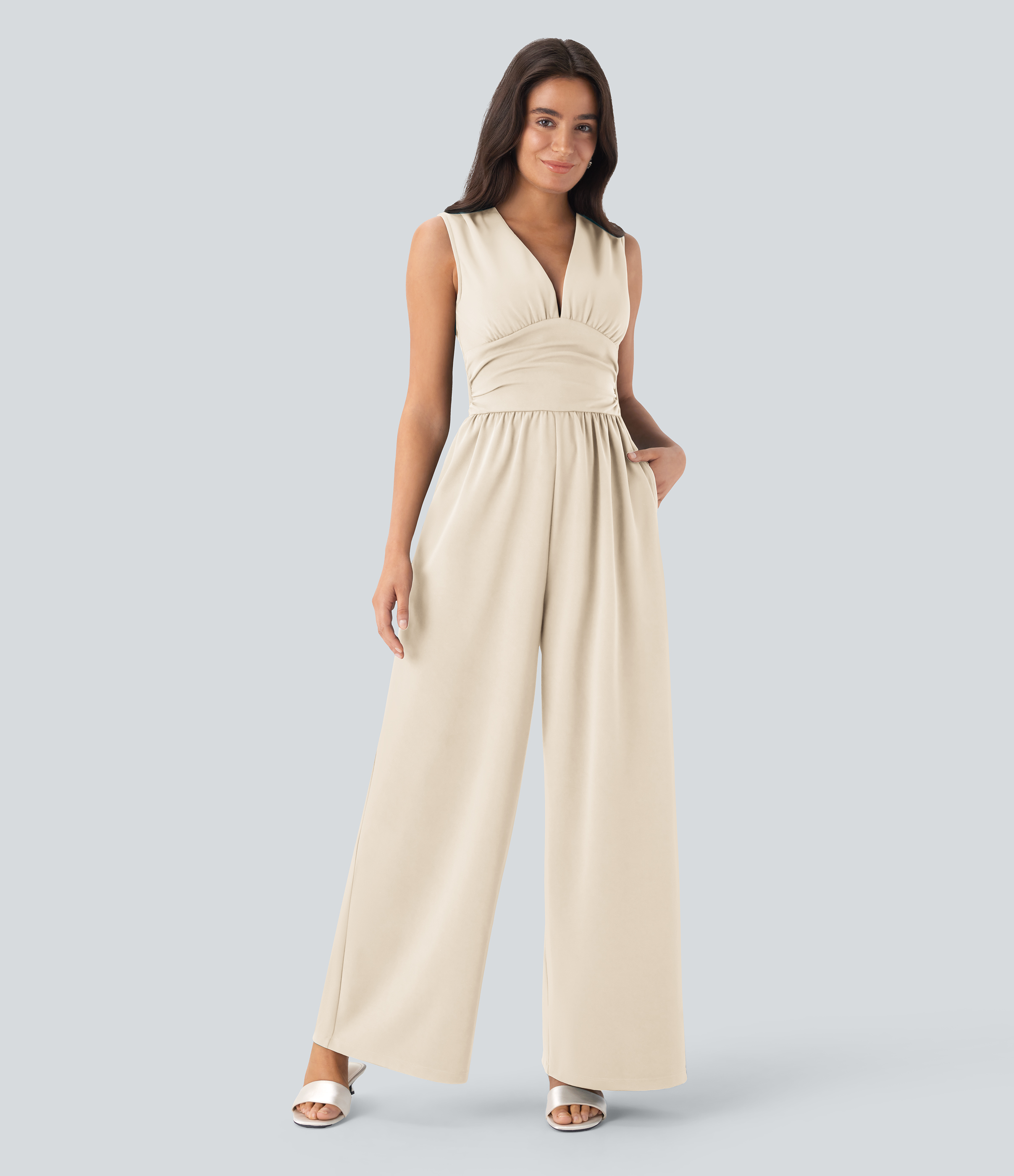 V Neck Sleeveless Ruched Pocket Jumpsuit-Easy Peezy