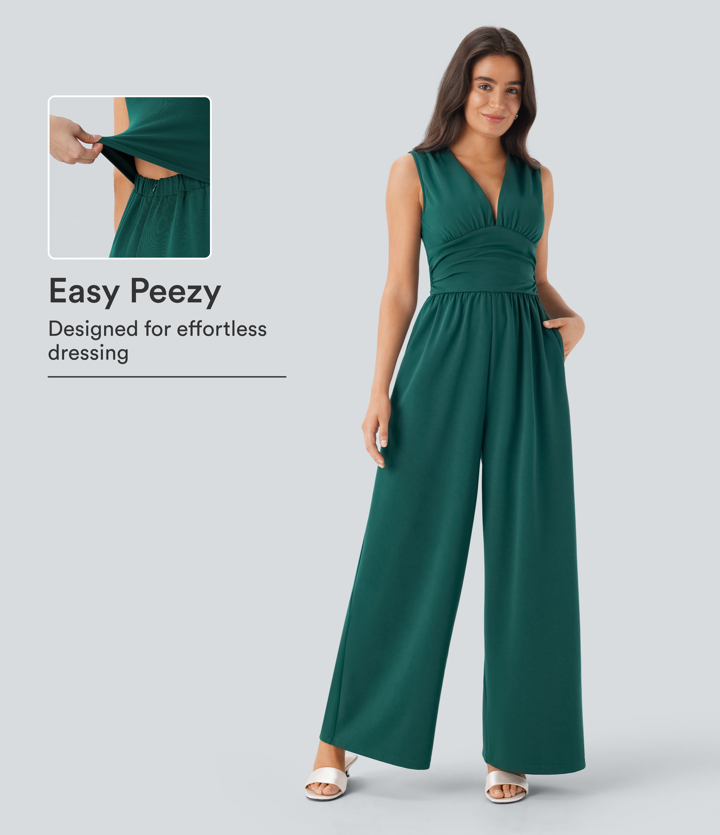 V Neck Sleeveless Ruched Pocket Jumpsuit-Easy Peezy