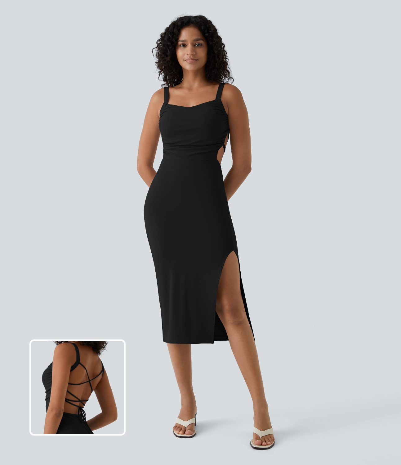 Ruched Backless Crisscross Lace Up Split Bodycon Midi Casual Dress