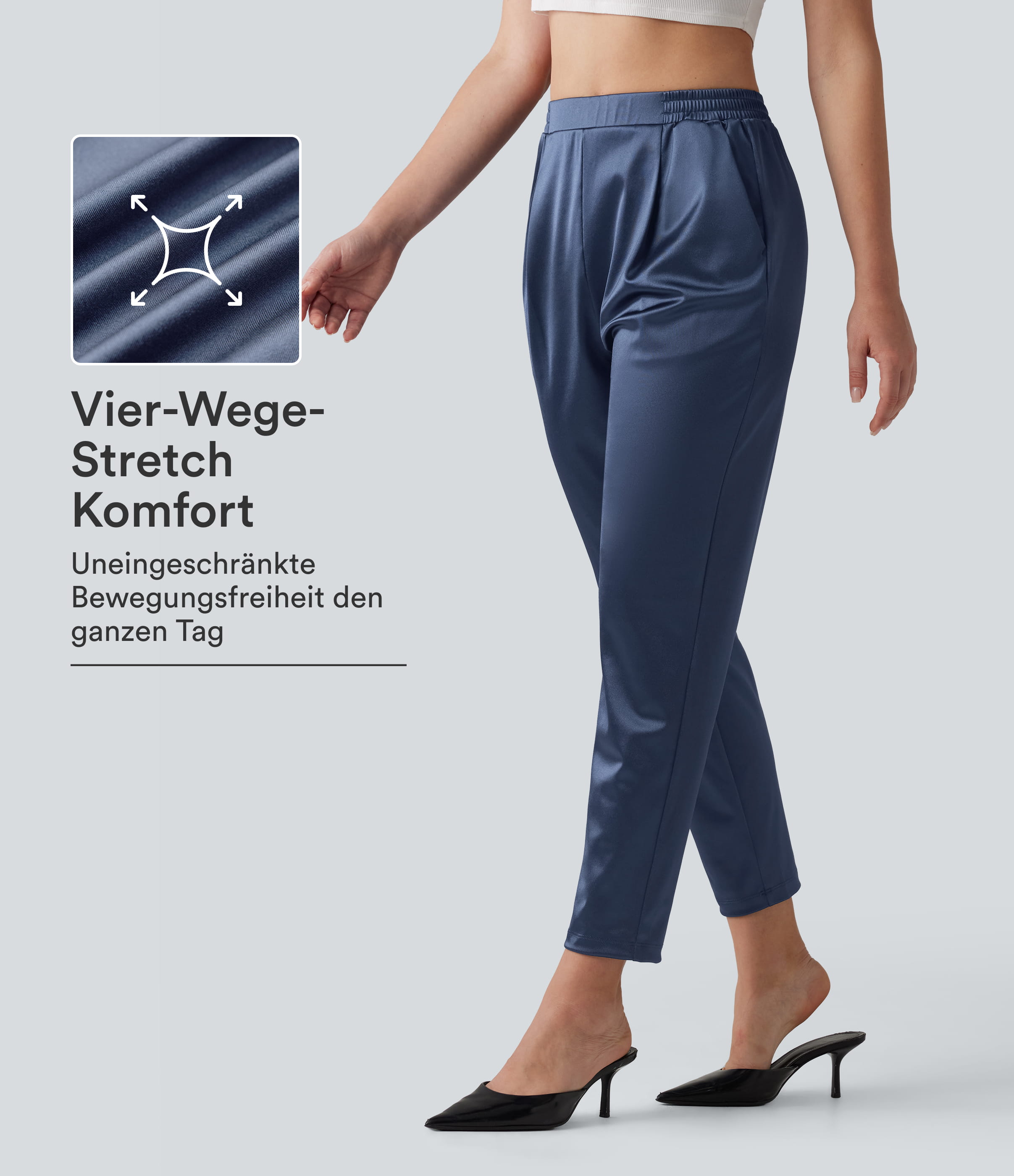 Pantalones casuales de satén de talle alto, de corte cónico, con bolsillos