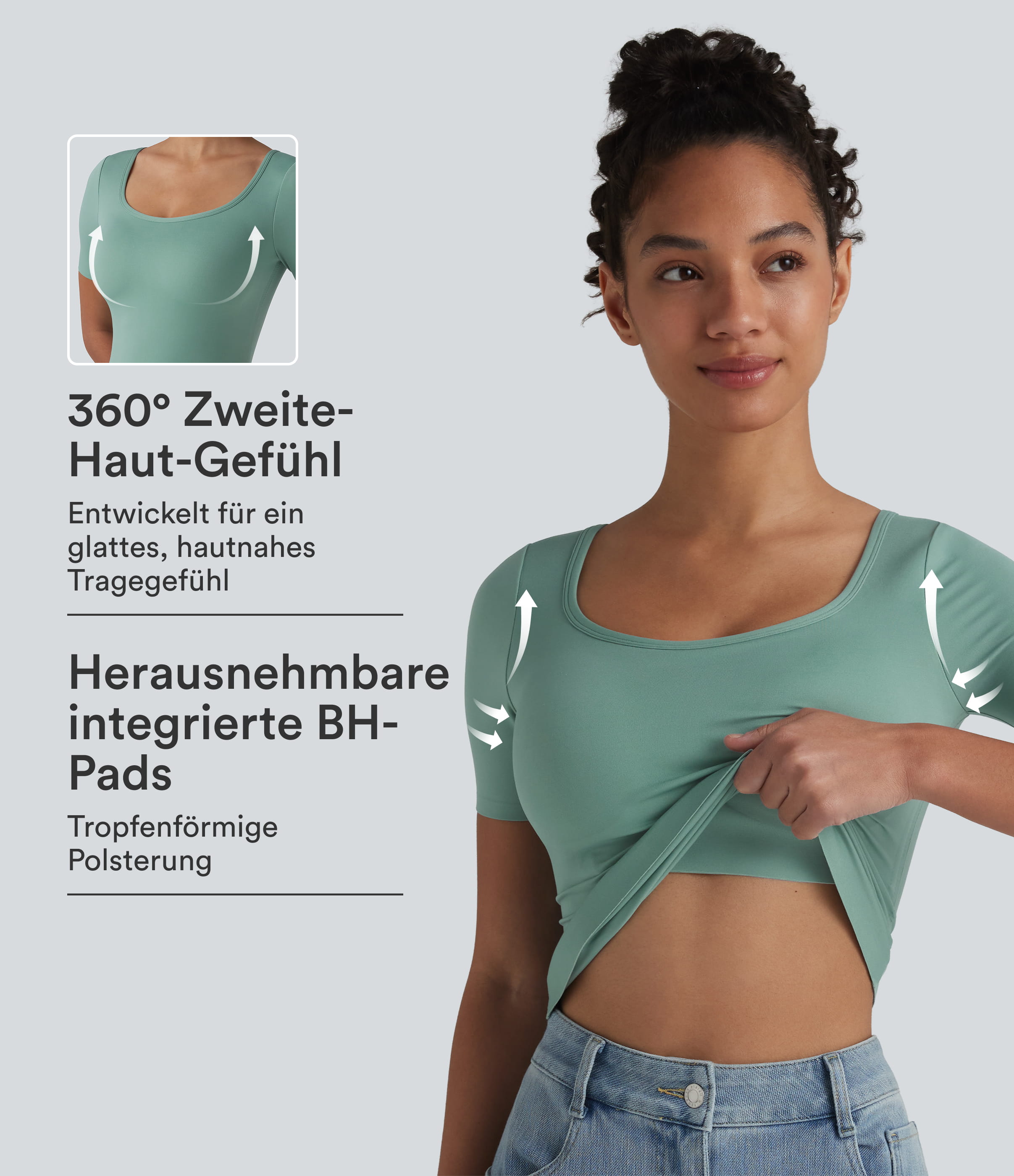 Lässiges T-Shirt mit Rundhalsausschnitt, kurzen Ärmeln und integriertem BH - B-E Cups