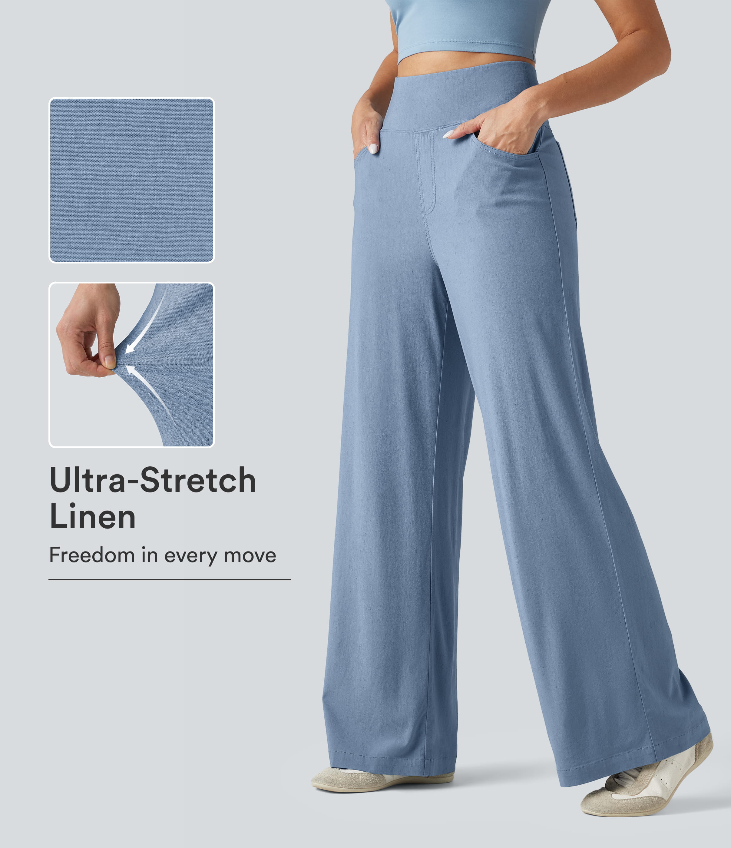 High Waisted Tummy Control Wide Leg Casual Stretch Linen Pants with Pockets