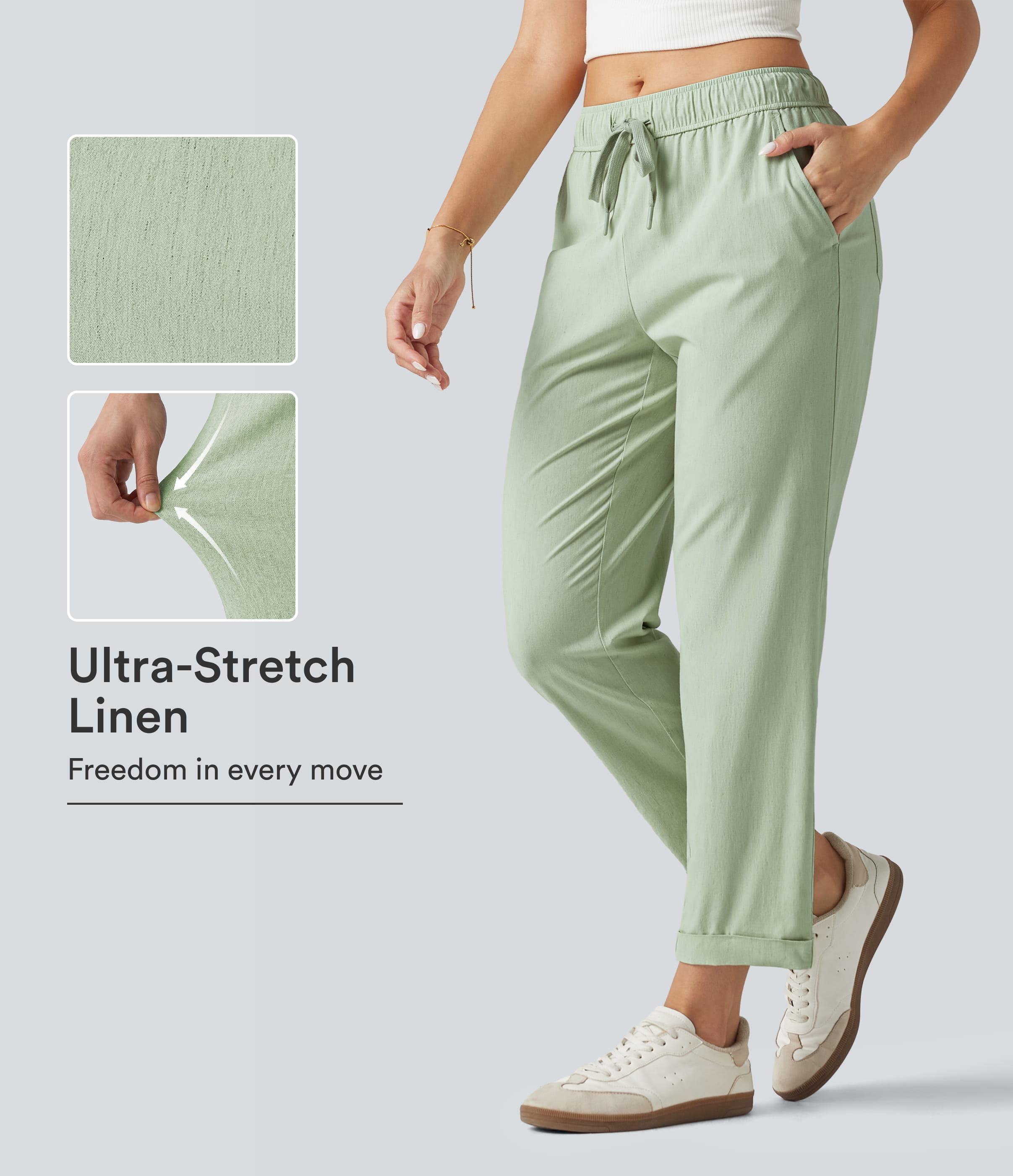 Mid Rise Drawstring Casual Stretch Linen Slim Pants with Pockets