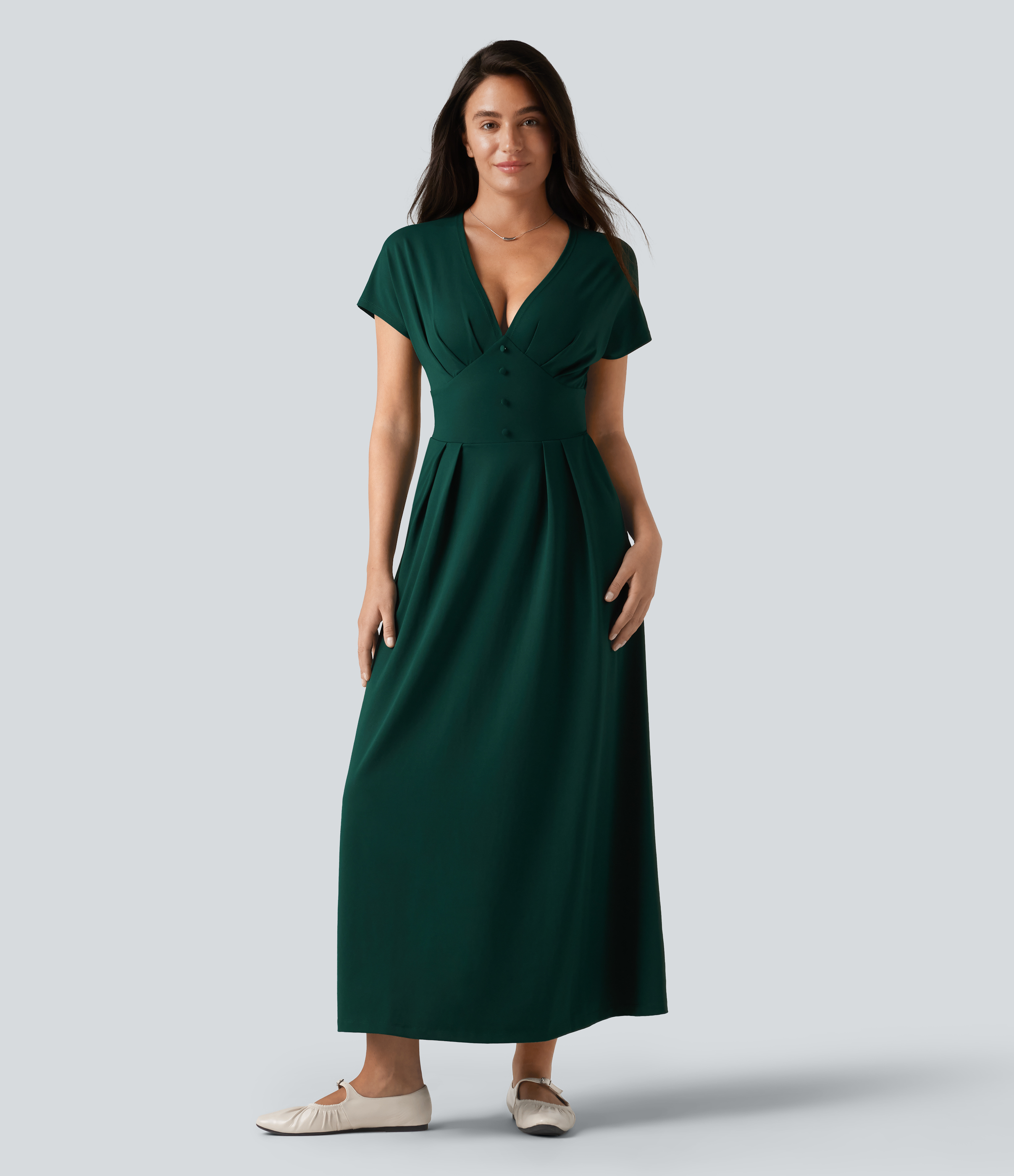 V-neck Batwing Short Sleeve Midi Casual Dress with Pockets