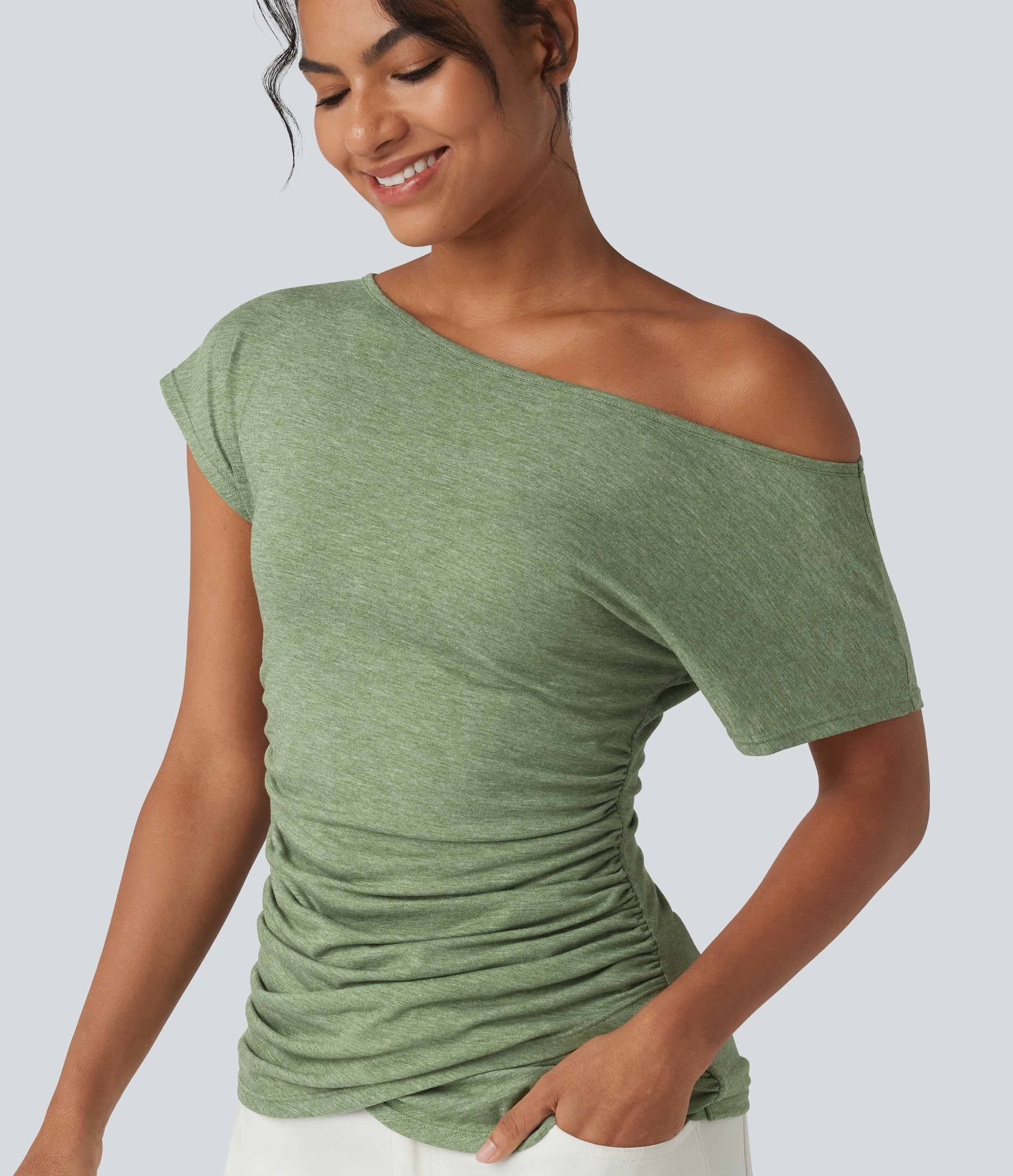 One Shoulder Short Sleeve Ruched Casual Top
