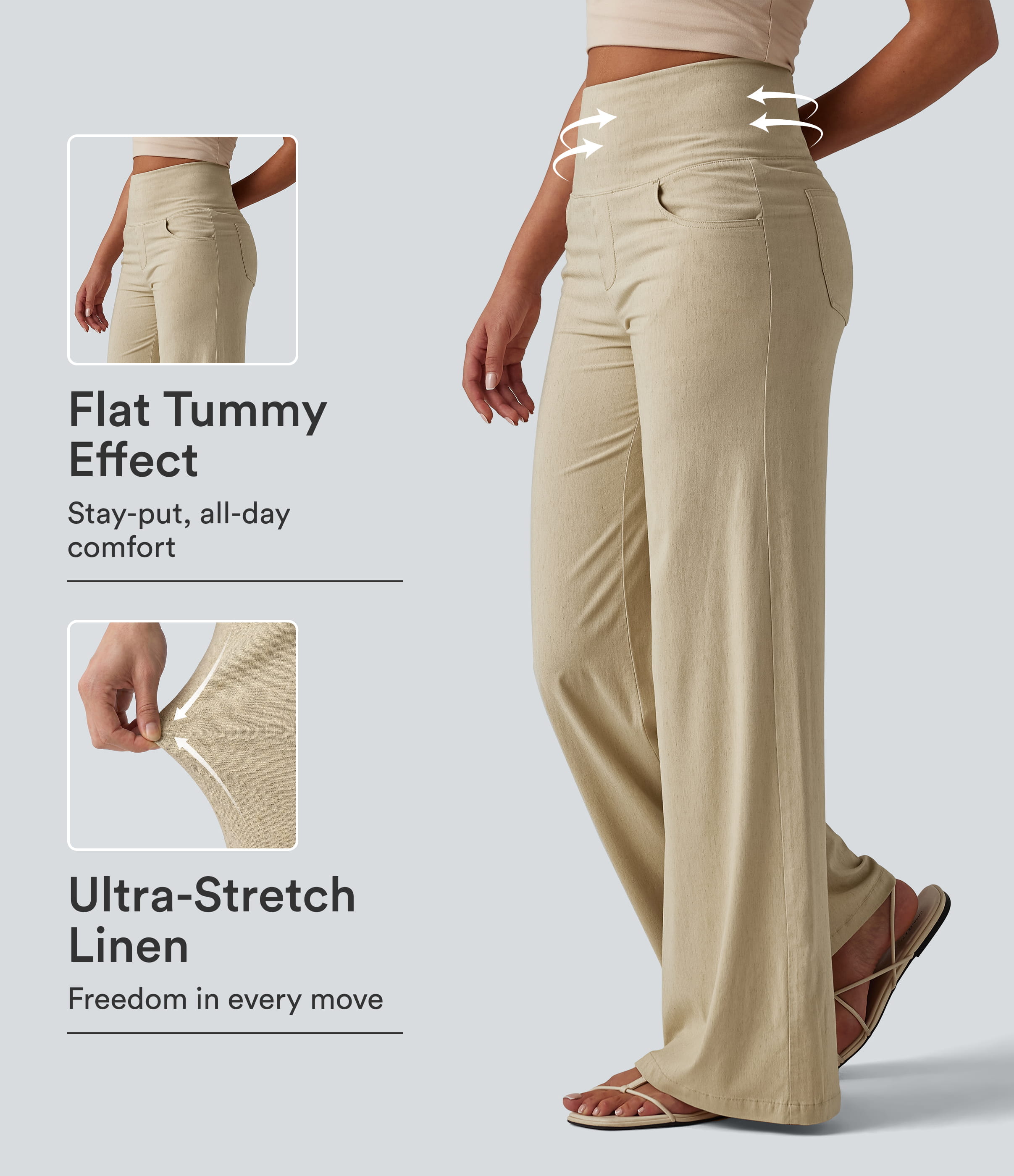 High Waisted Tummy Control Wide Leg Casual Stretch Linen Pants with Pockets