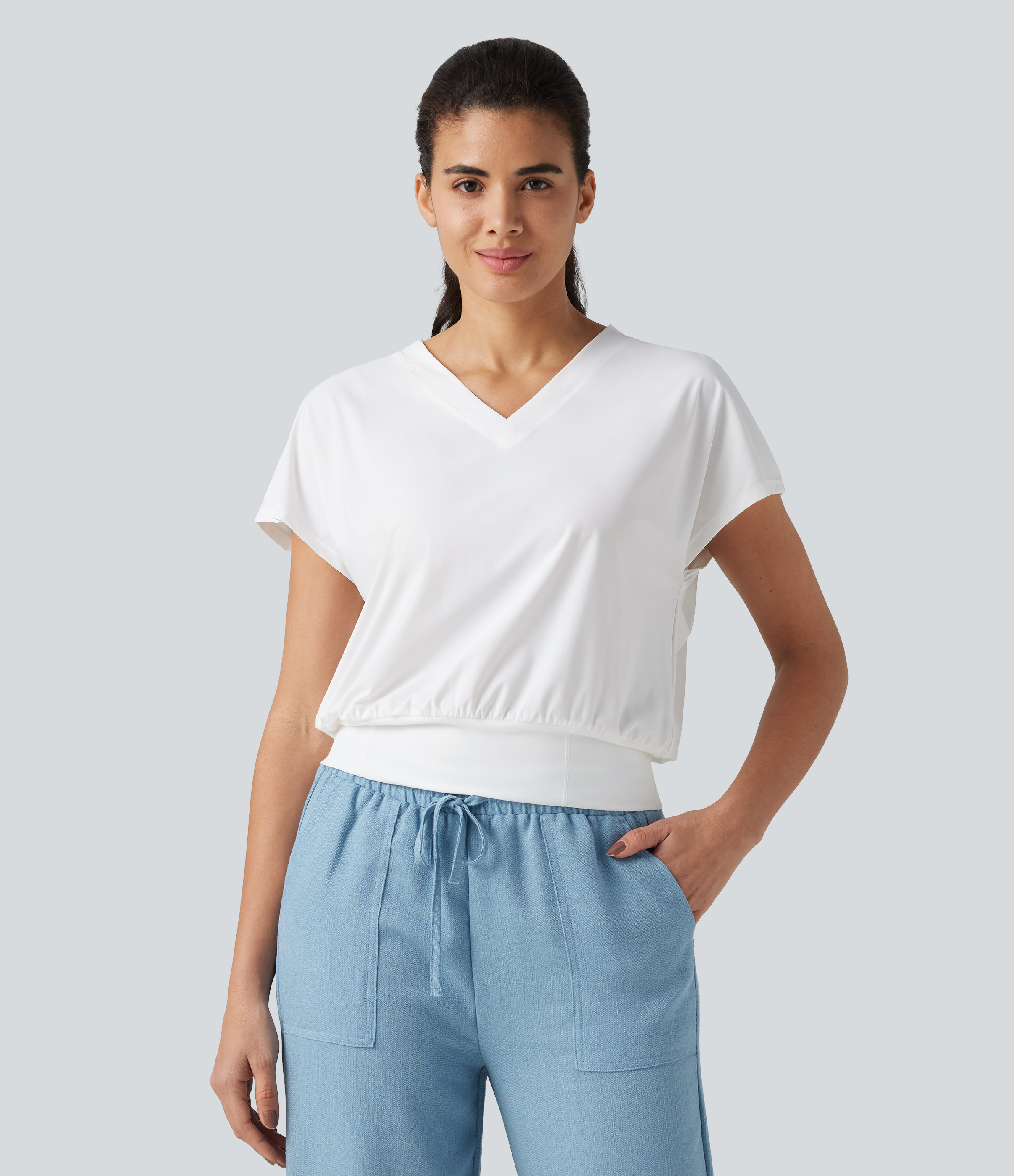 Top de sport yoga oversize col V à manches courtes toucher frais à séchage rapide