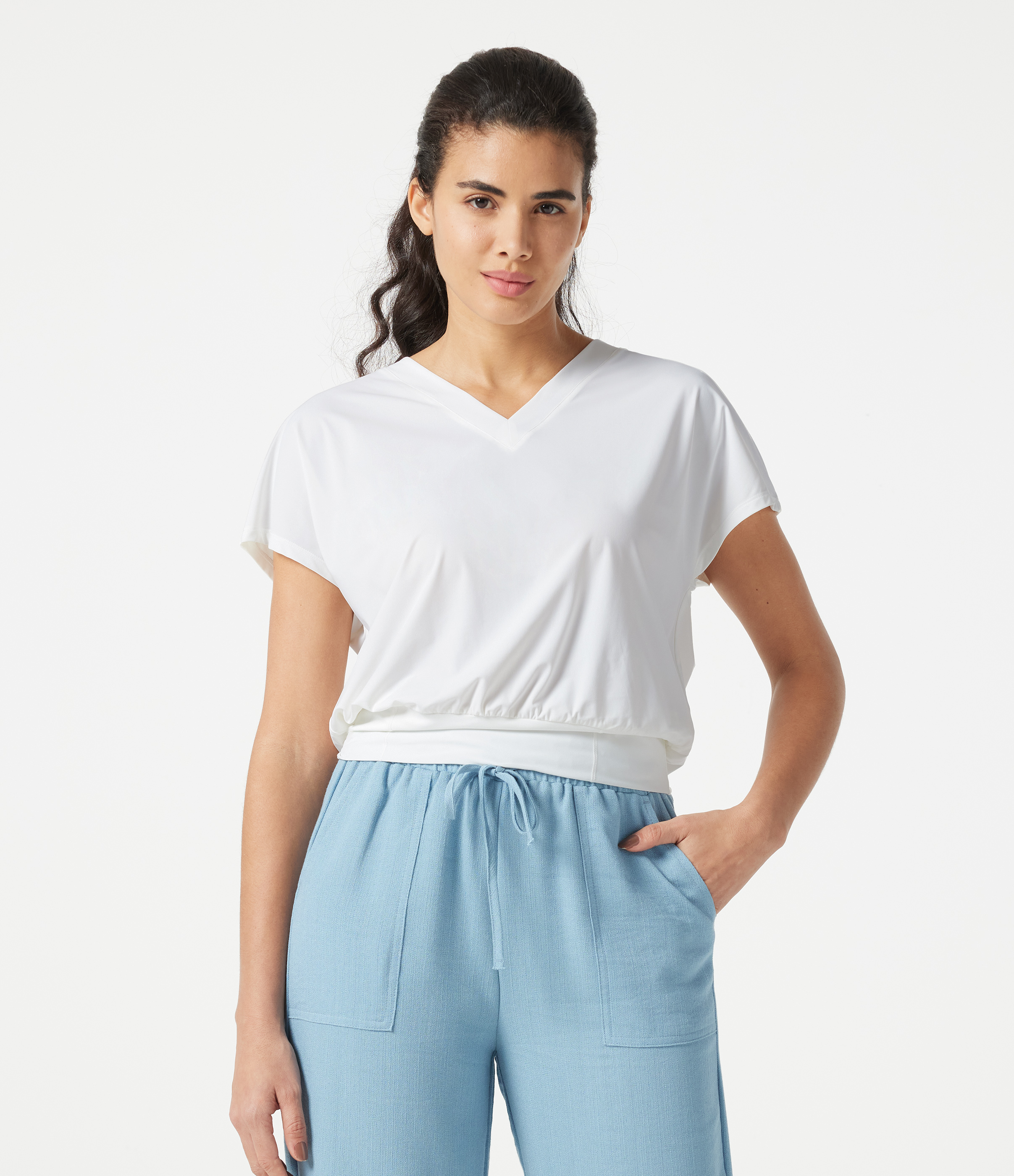Top de sport yoga oversize col V à manches courtes toucher frais à séchage rapide