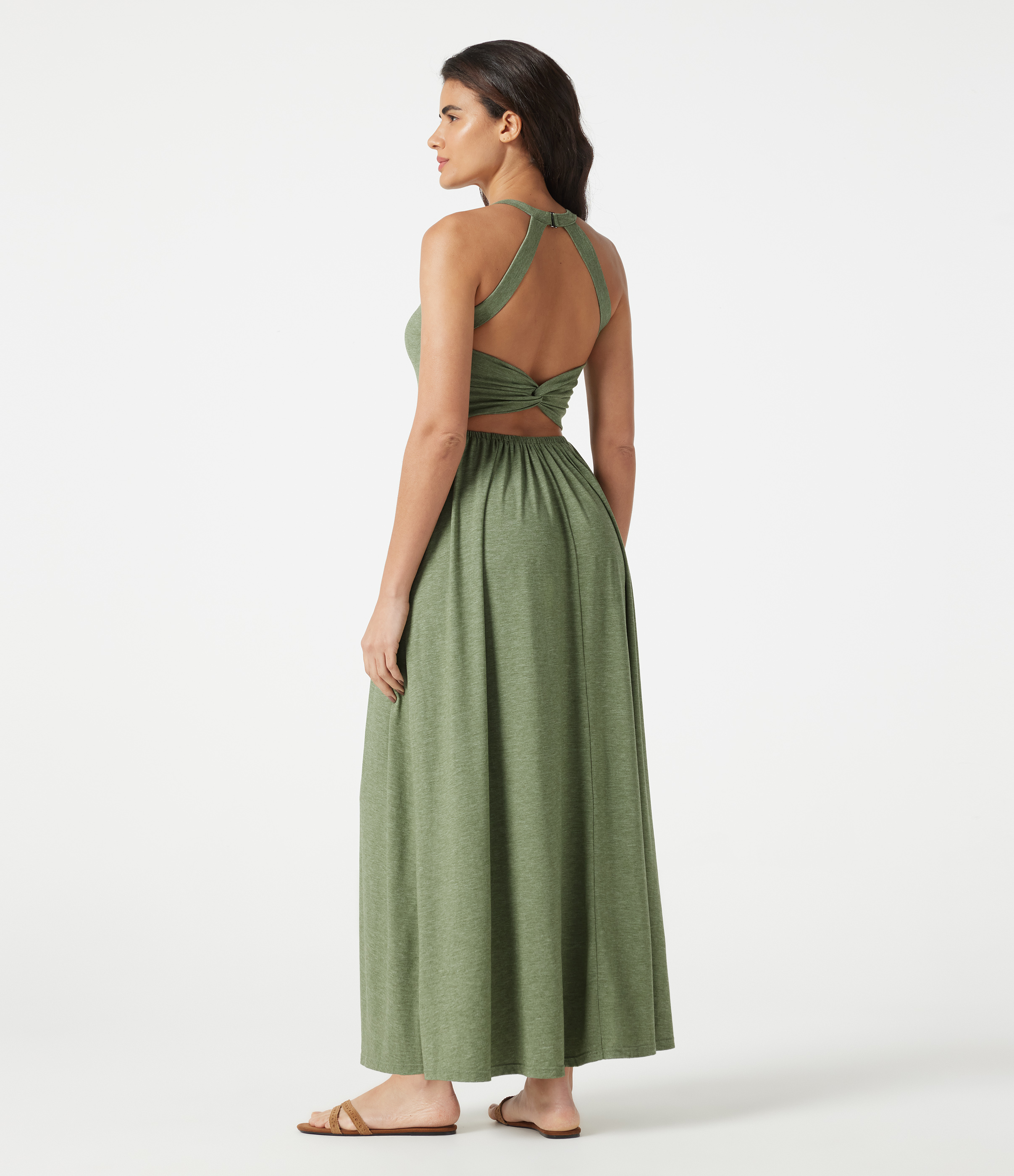Twisted Backless Split Flowy Maxi Resort Dress with Pockets