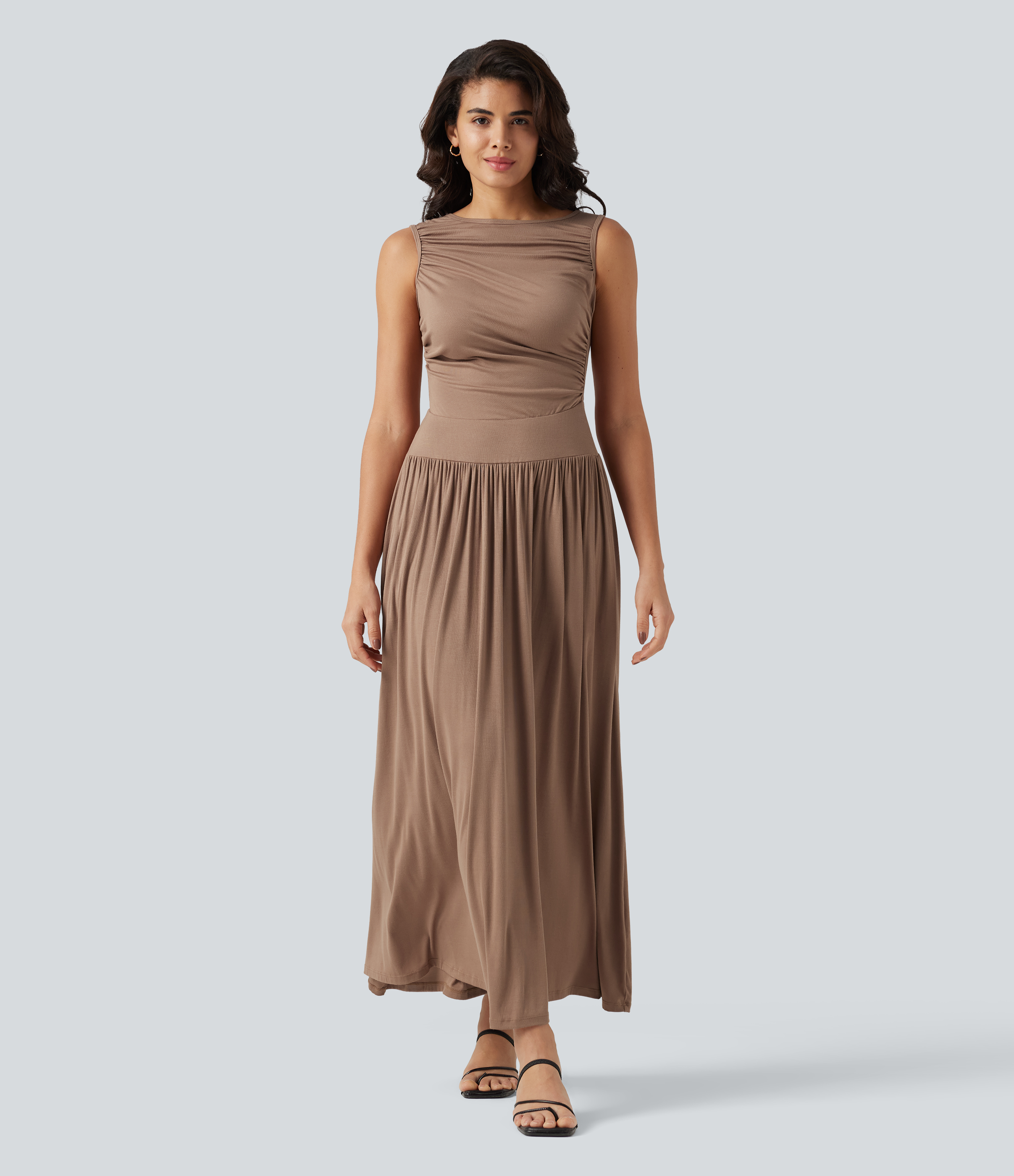 Ribbed Boat Neck Asymmetric Strap Ruched Side Pocket Flowy Maxi Casual Dress