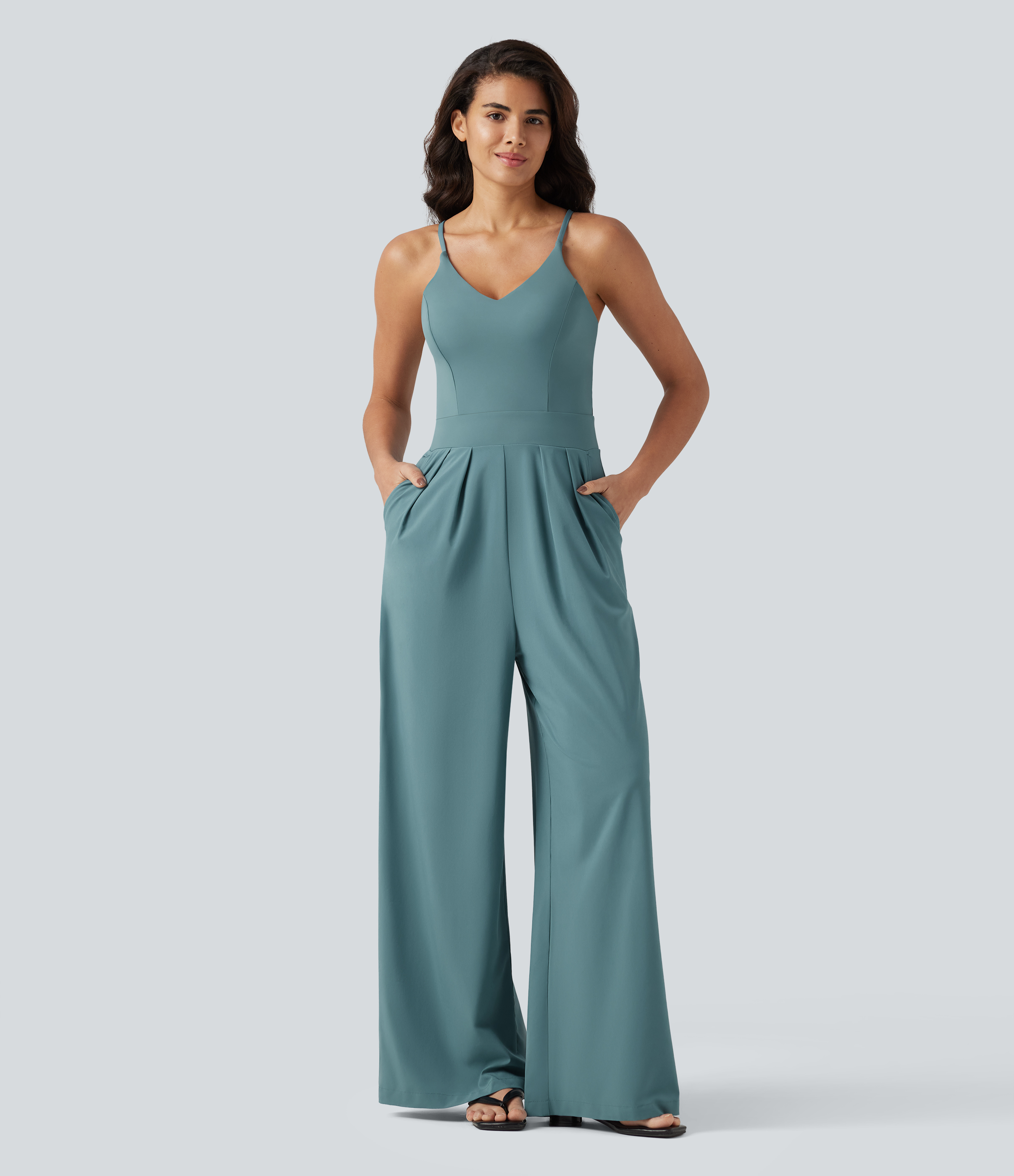 Breezeful™ Rückenfreier Urlaubs-Jumpsuit mit seitlichem, unsichtbarem Reißverschluss, Seitentaschen und weitem Bein - schnelltrocknend