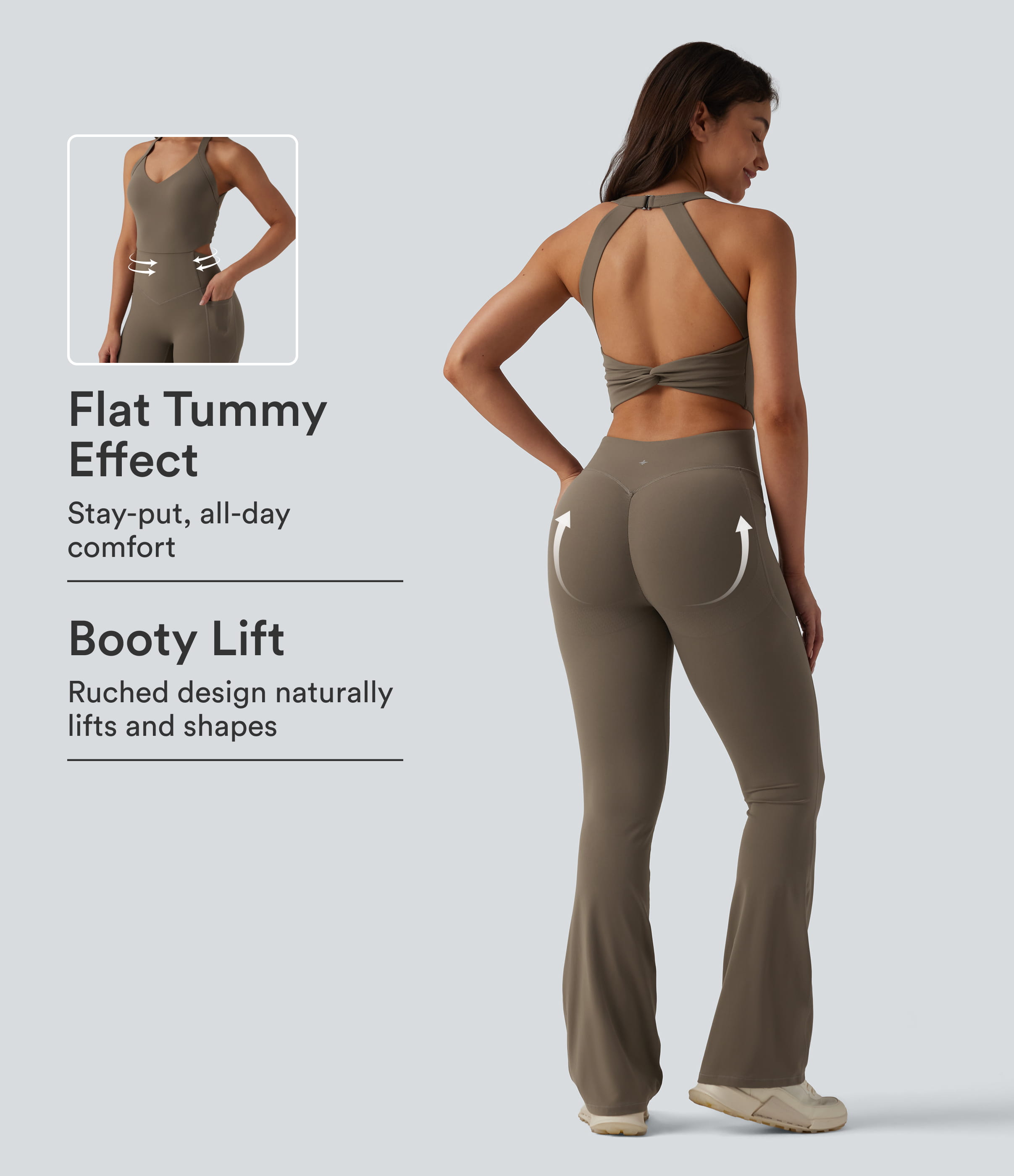 Halara UltraSculpt™ Twisted Backless Tummy Control Butt Lifting Bootcut Workout Jumpsuit with Pockets-Easy Peezy Edition