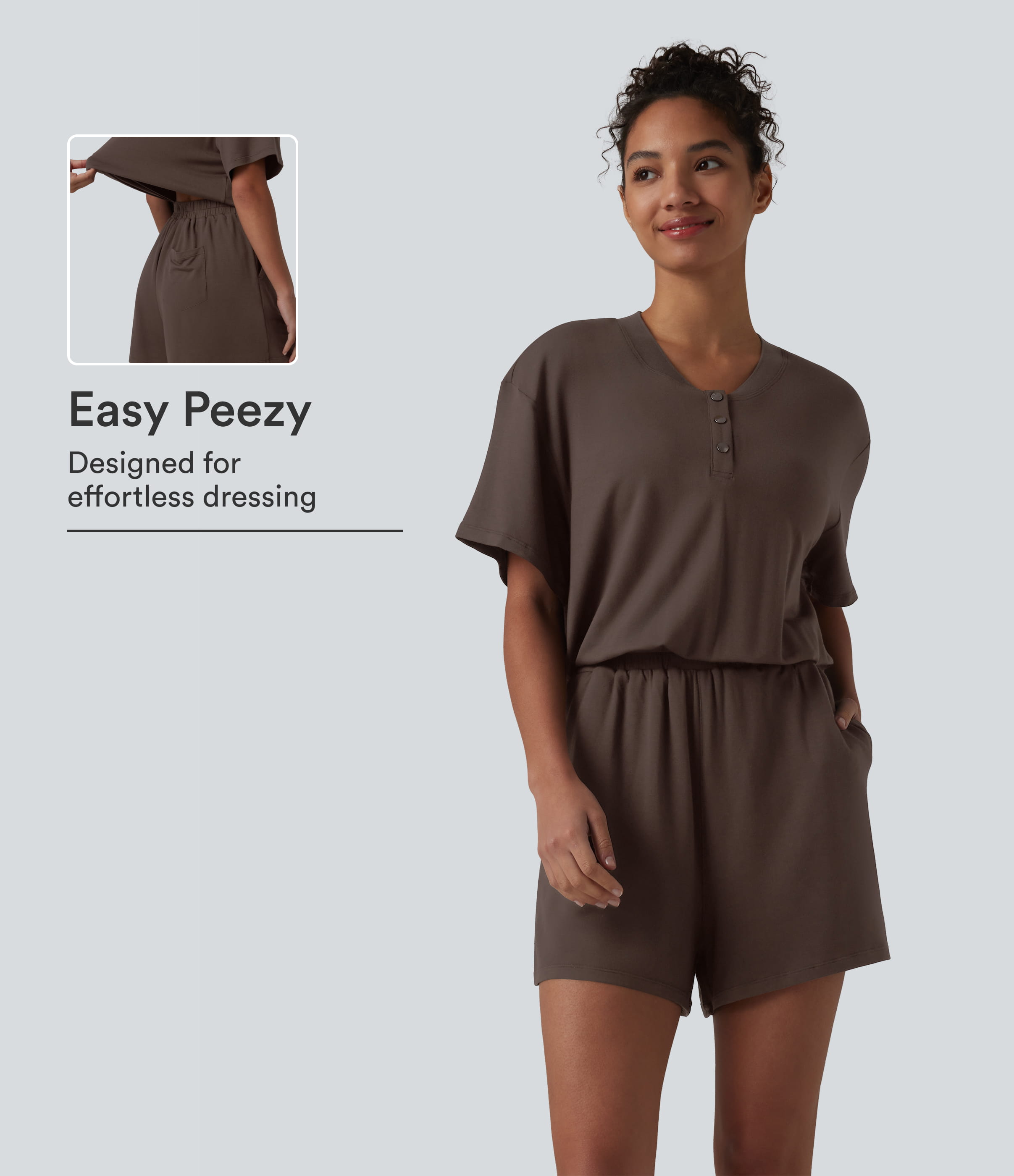 Henley Short Sleeve Casual Romper with Pockets-Easy Peezy