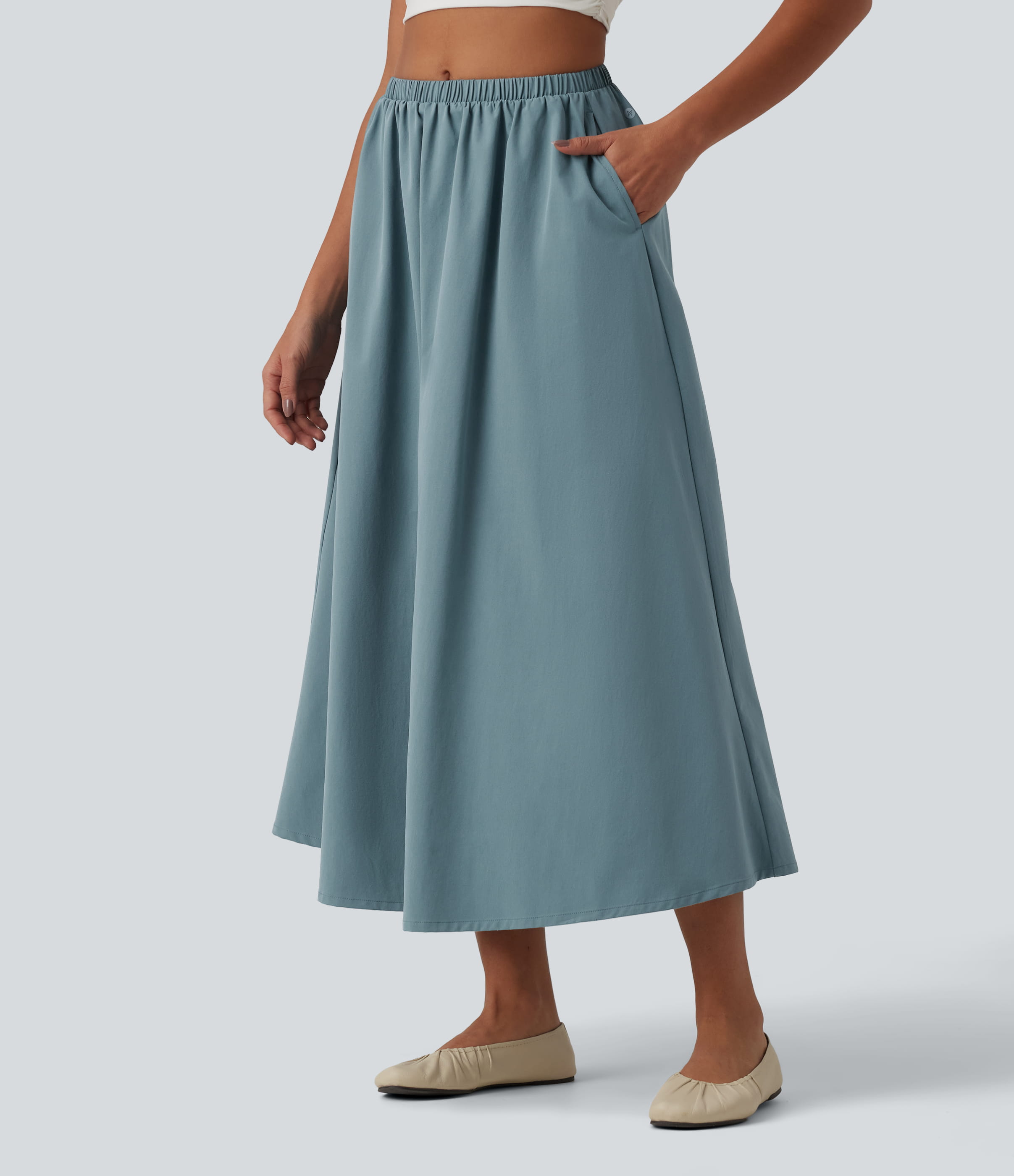 Mid Rise Midi Stretchy Poplin Casual A-line Skirt with Pockets