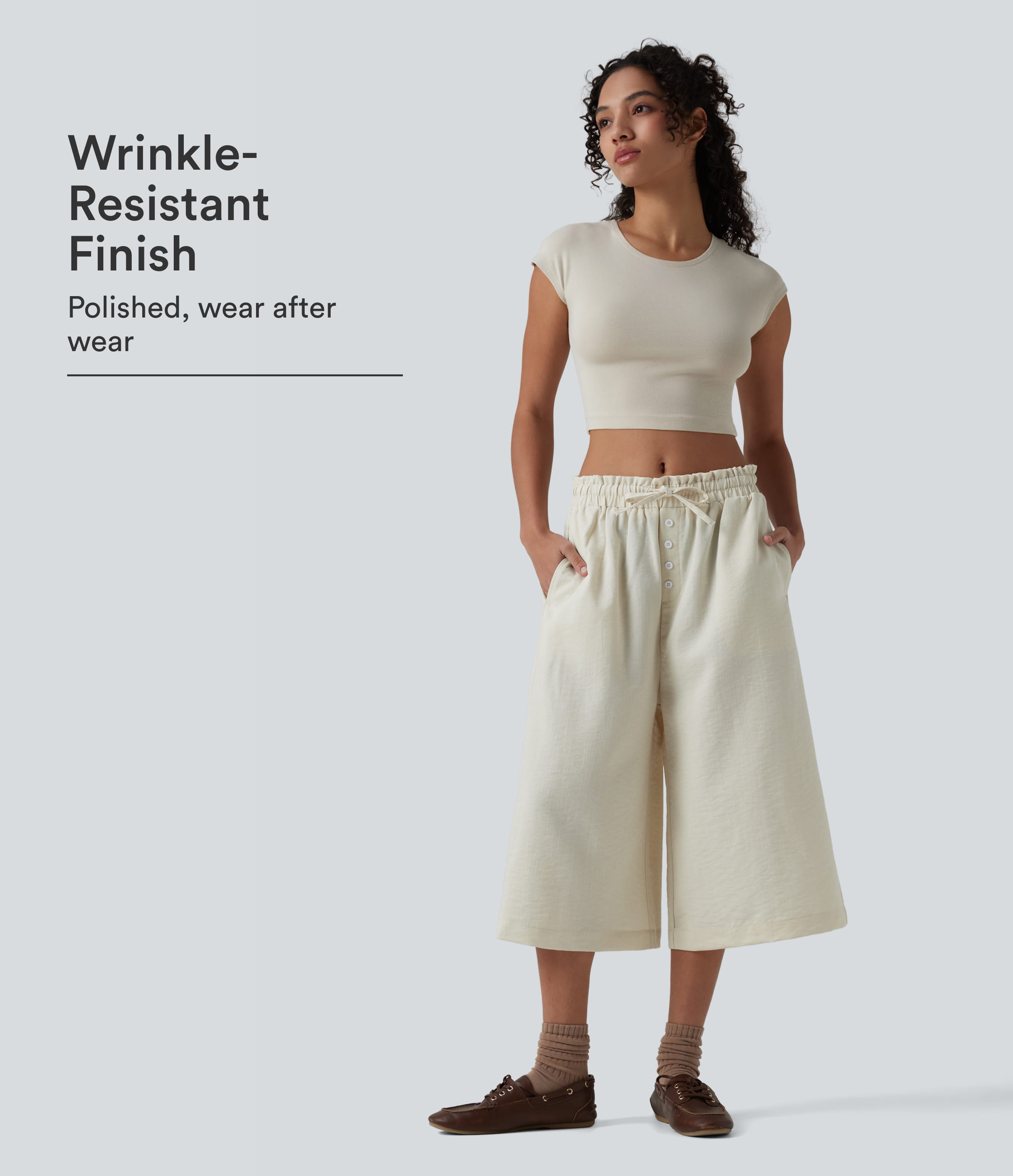 Wrinkle-Resistant Mid Rise Drawstring Frill Trim Linen-Feel Casual Capri Baggy Pants with Pockets